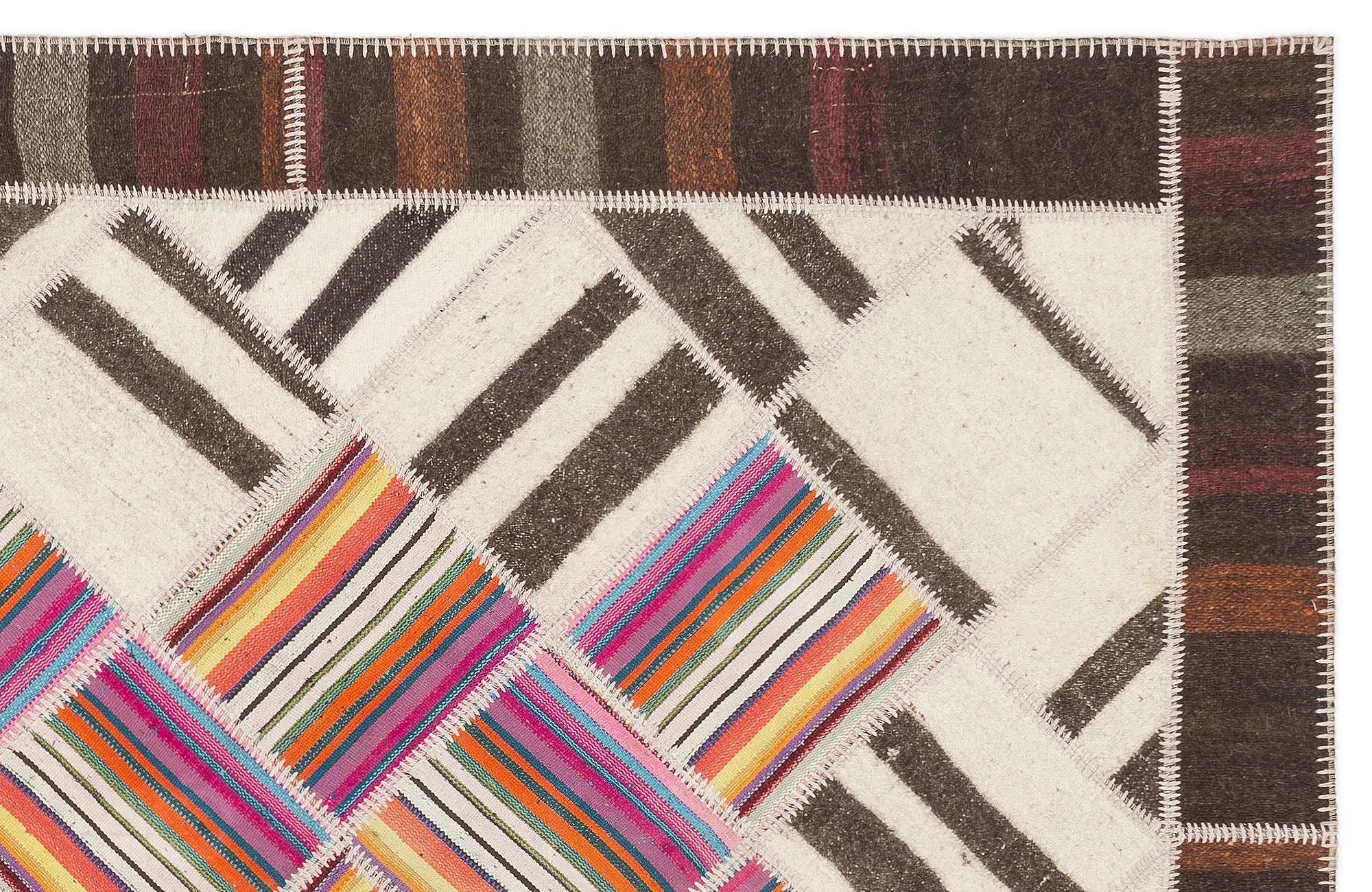 Teselya Beige Striped Wool Handmade Area Rug 5'0" x 8'10"