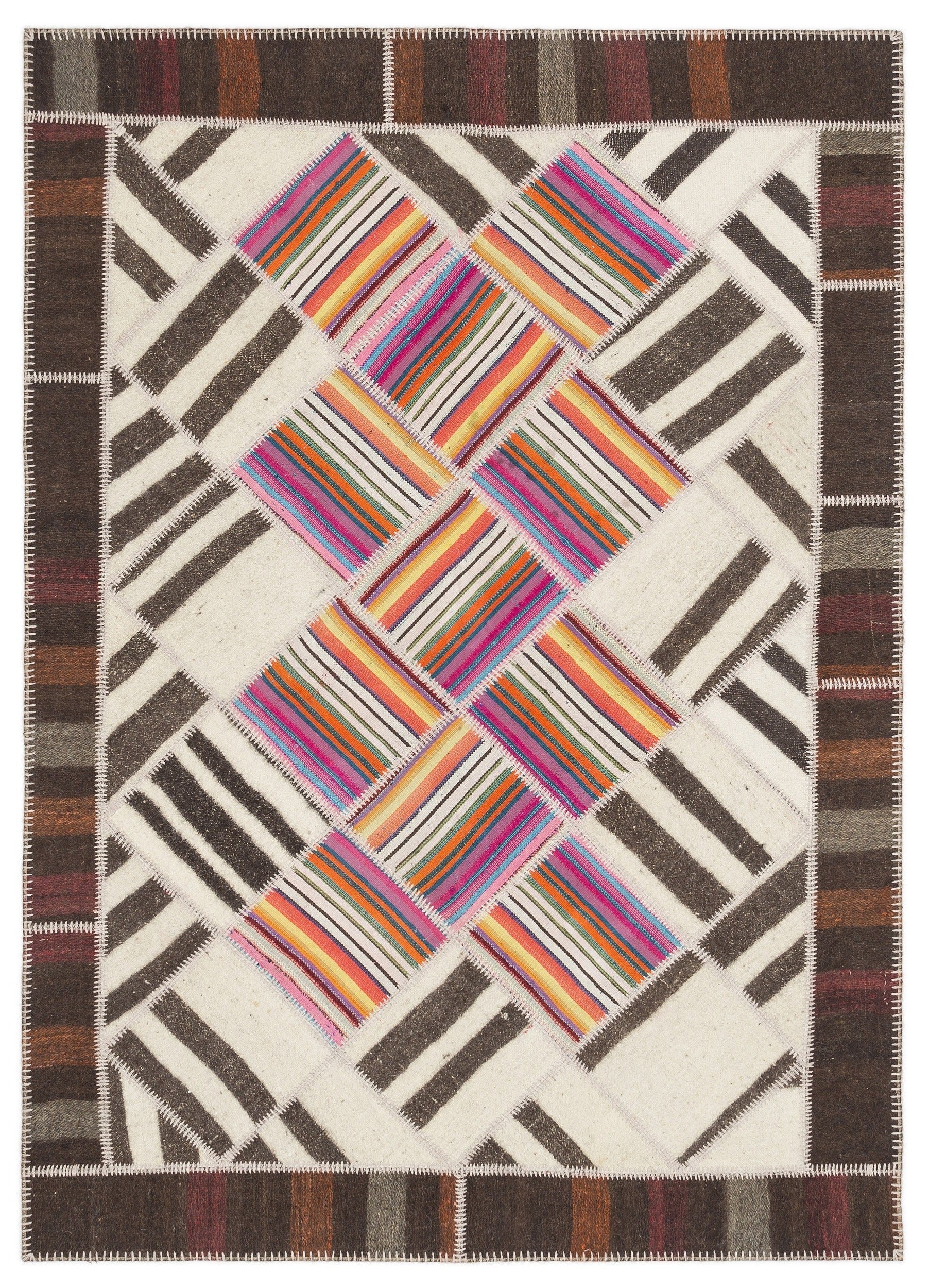 Teselya Beige Striped Wool Handmade Area Rug 5'0" x 8'10"