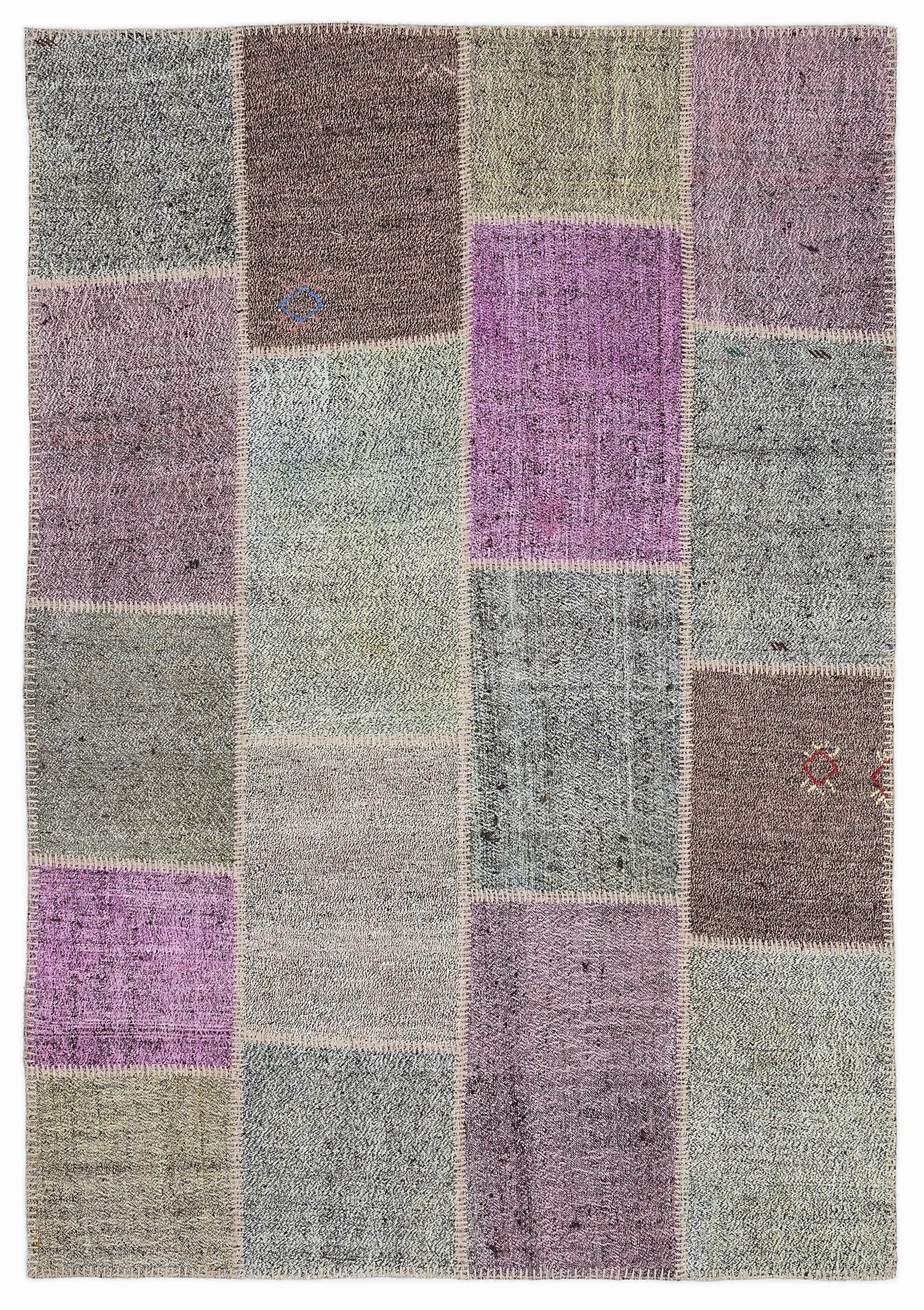 Teselya 1158 Purple Patchwork Wool Handmade Area Rug 5'3" x 7'7"