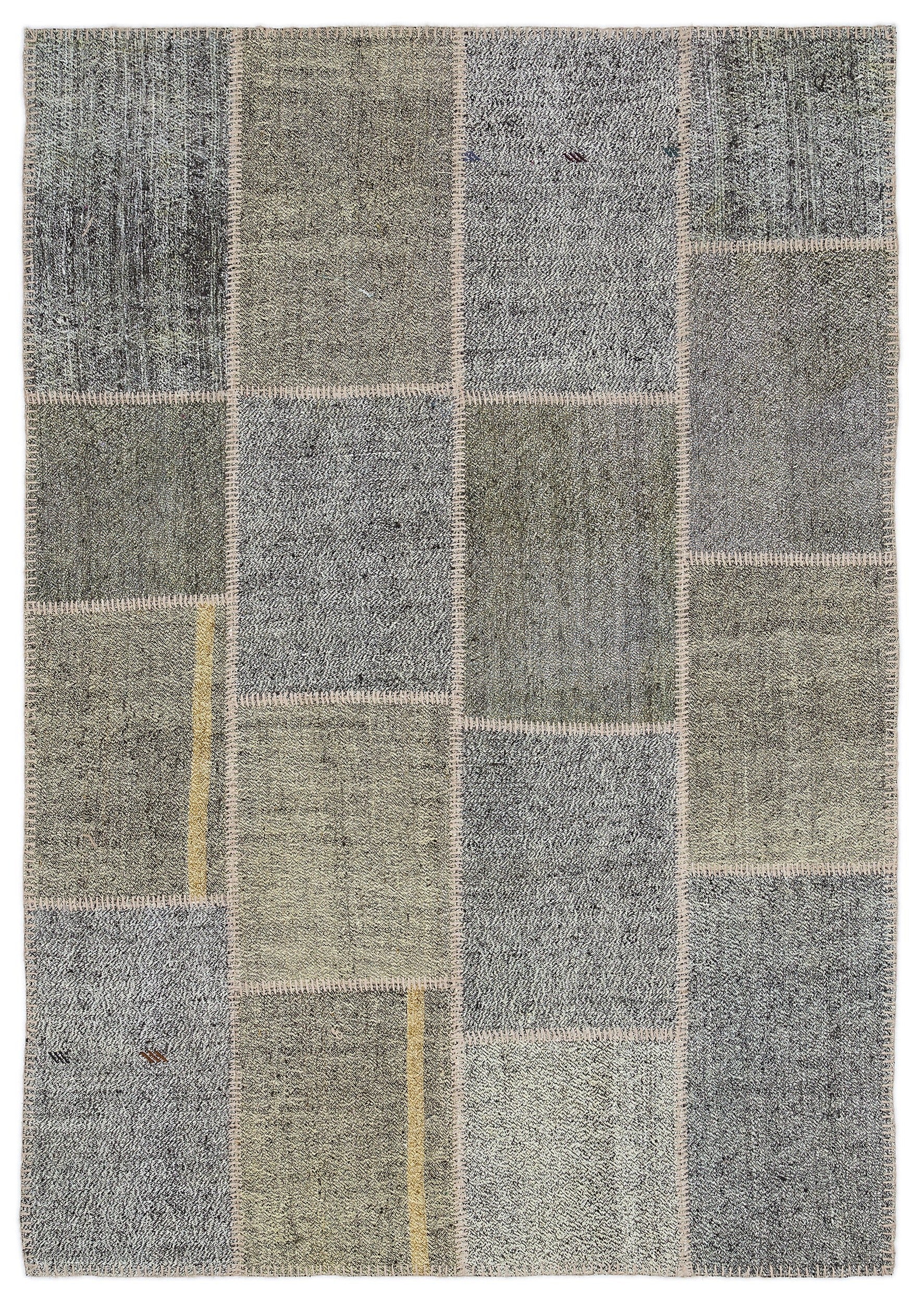 Teselya 1172 Grey Patchwork Wool Handmade Area Rug 5'3" x 7'7"