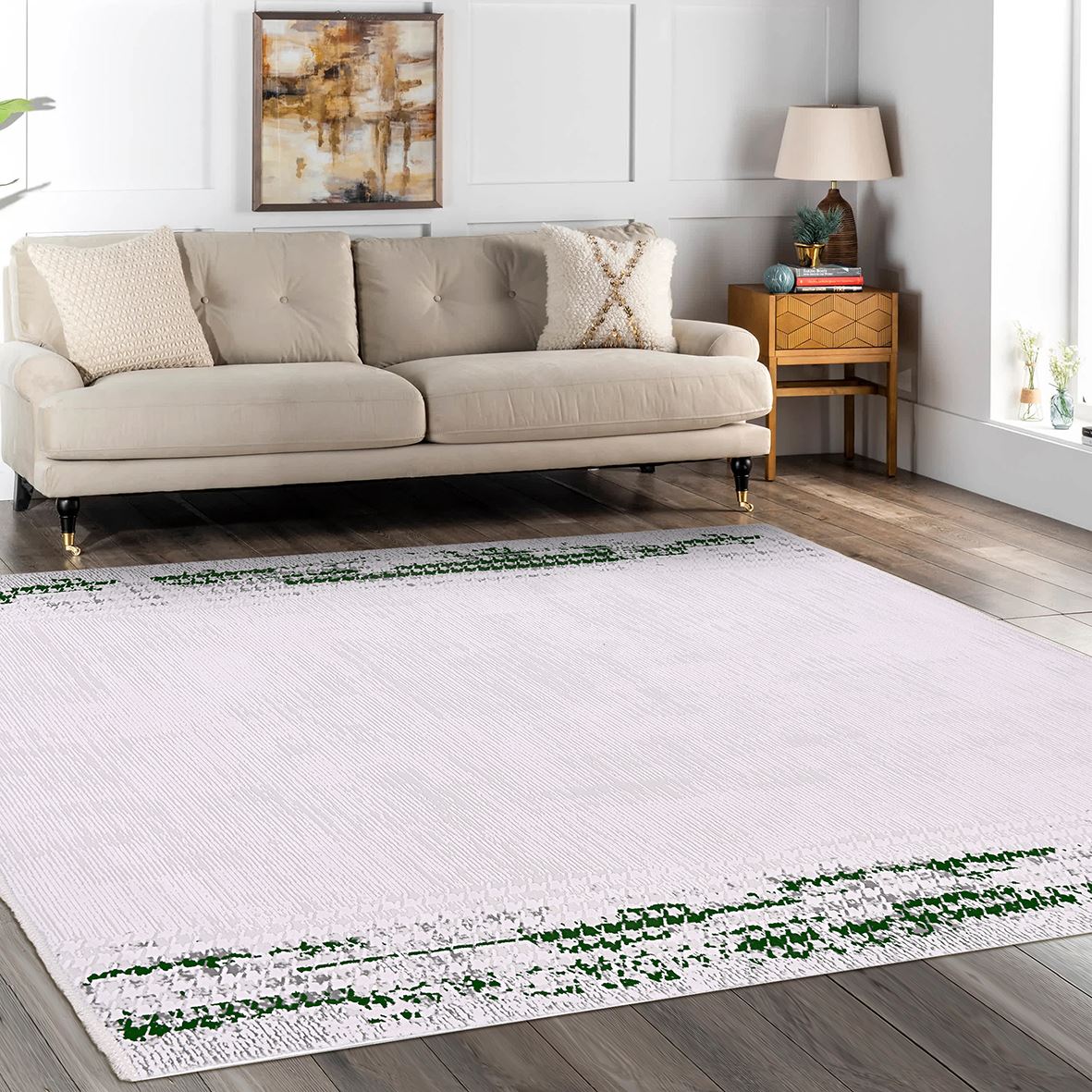 Viscose Area Rug – Machine Made Rug with White Frame & Soft Pile Carpet