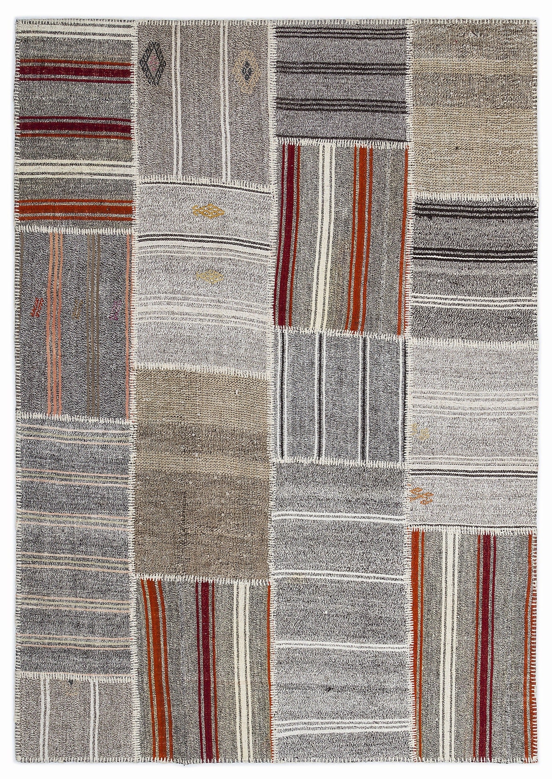 Teselya 1258 Grey Striped Wool Handmade Area Rug 5'3" x 7'7"