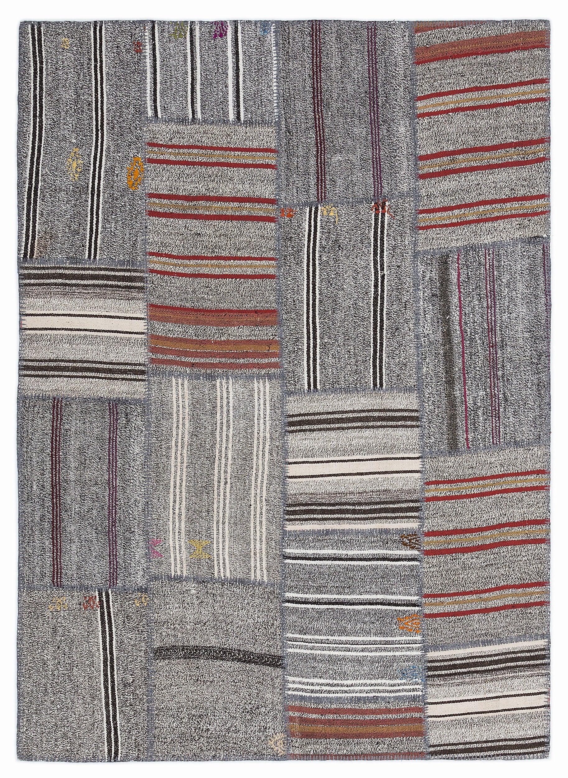 Teselya 1279 Grey Striped Wool Handmade Area Rug 5'3" x 7'7"