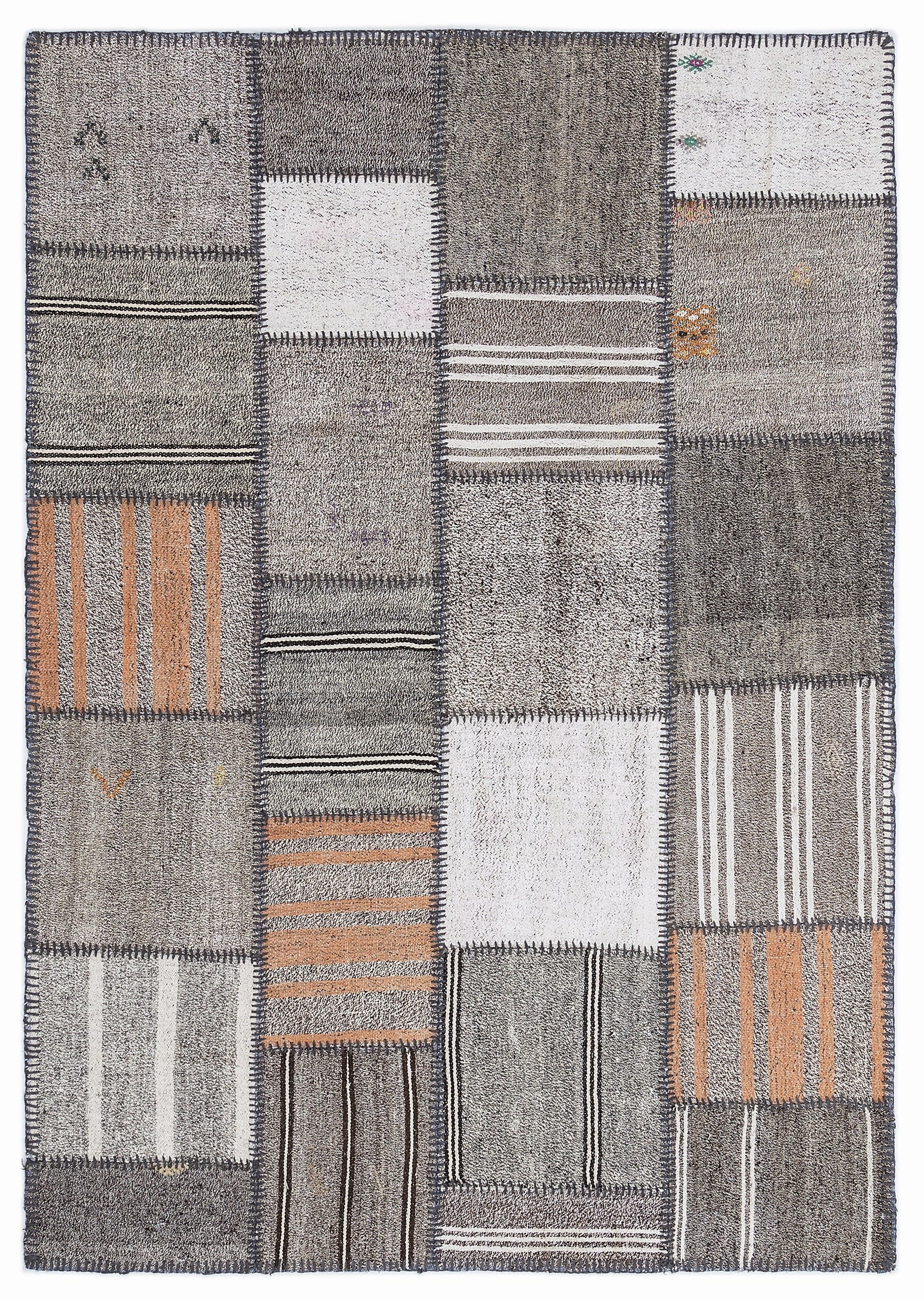 Teselya 1281 Grey Striped Wool Handmade Area Rug 5'3" x 7'7"
