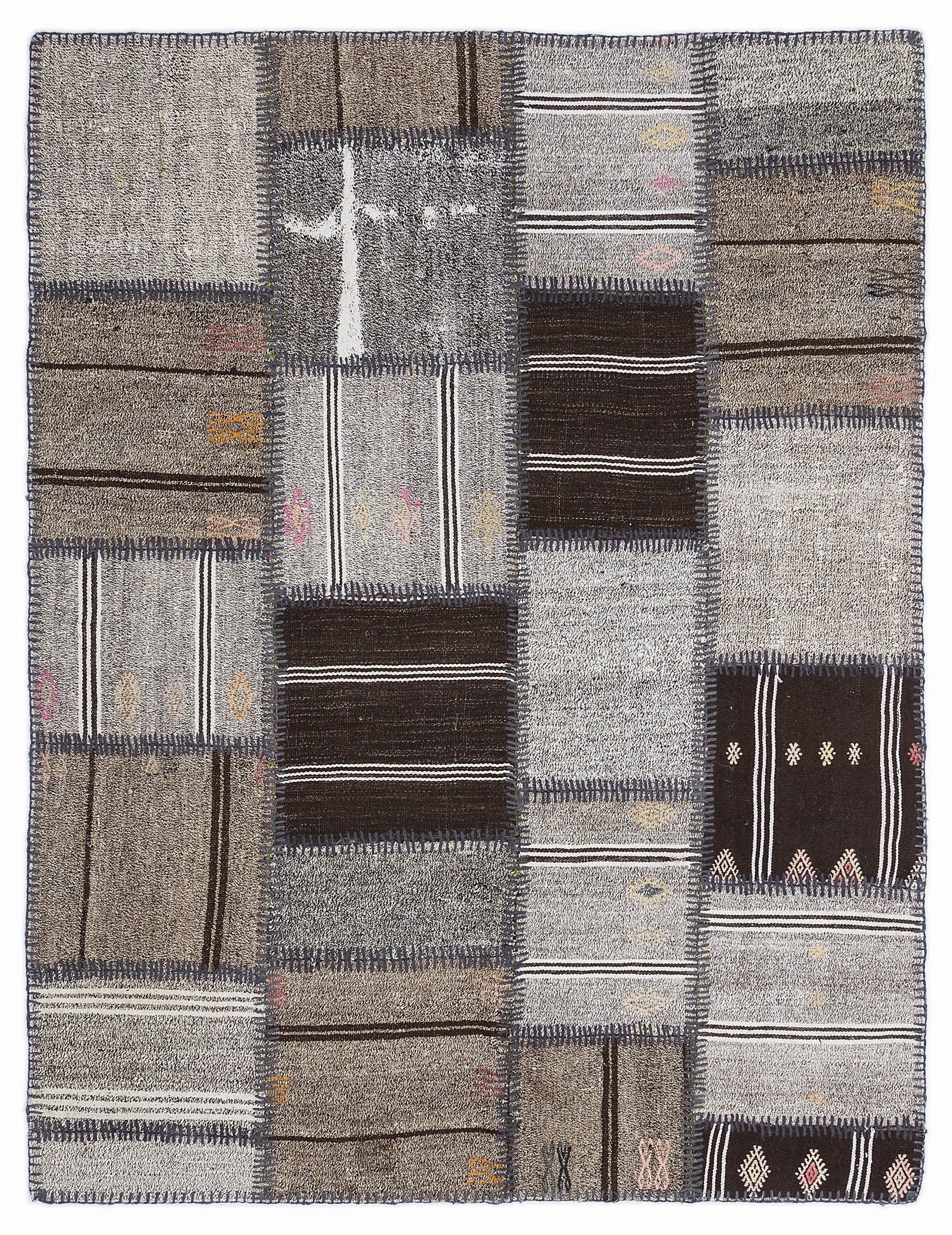 Teselya 1290 Grey Striped Wool Handmade Area Rug 5'3" x 7'7"