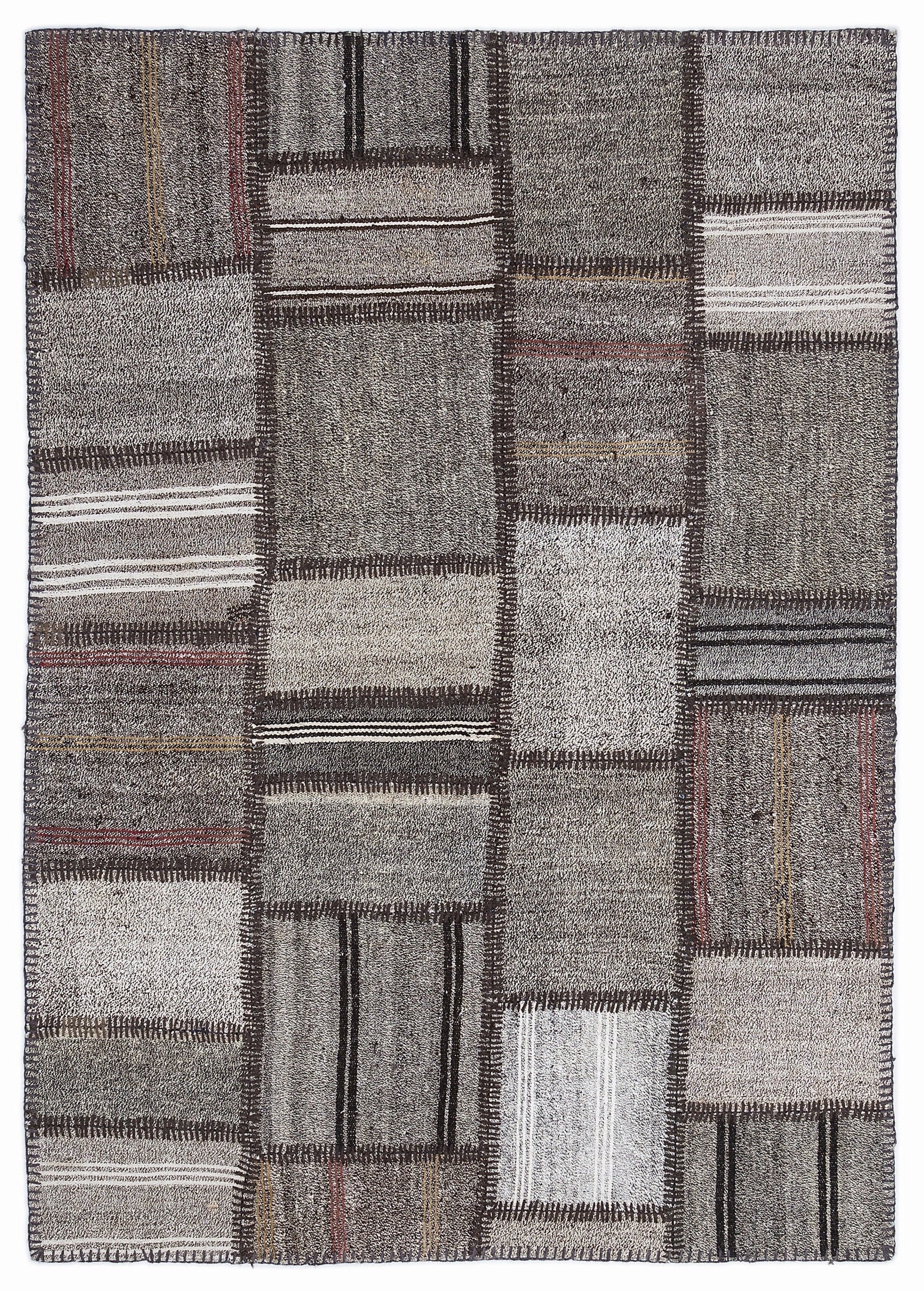 Teselya 1292 Grey Striped Wool Handmade Area Rug 5'3" x 7'7"