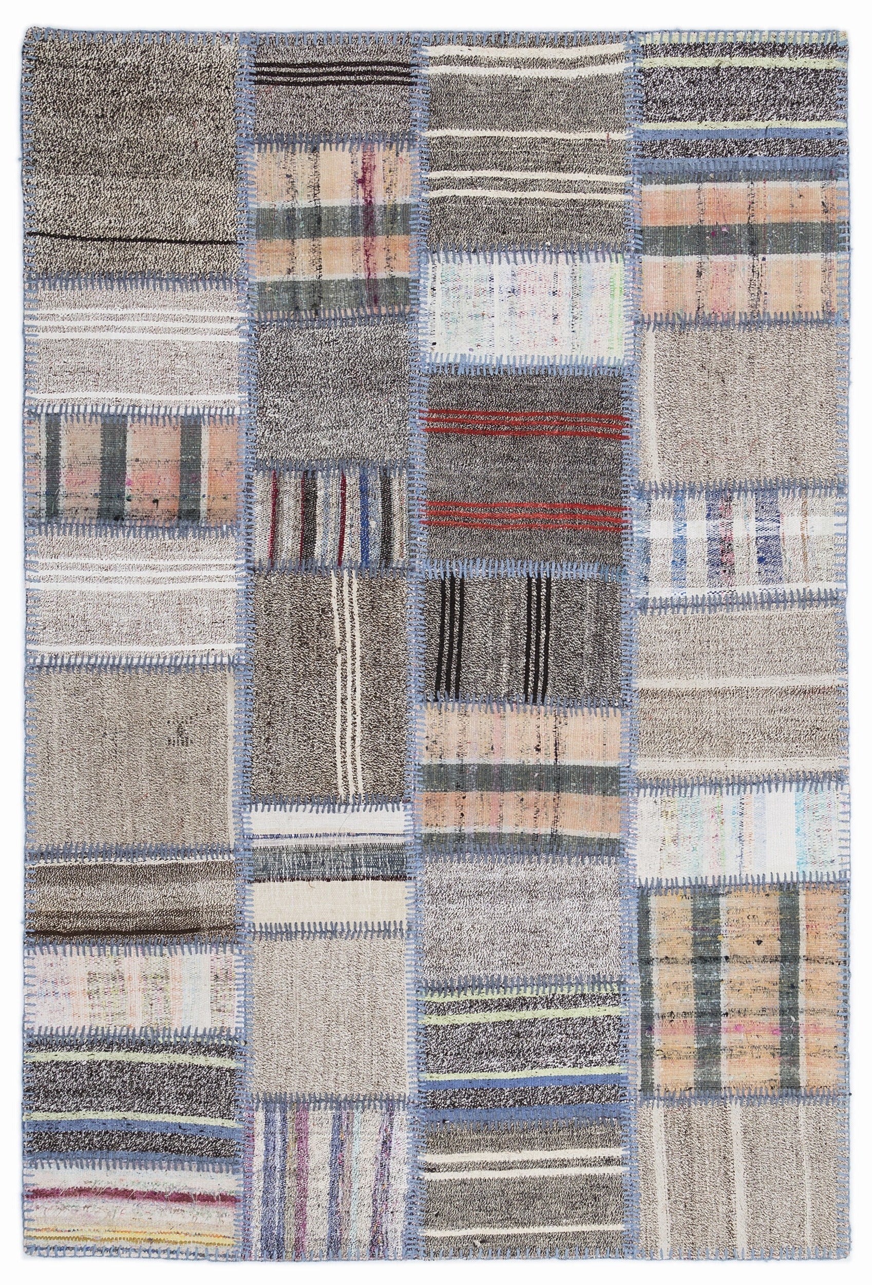 Teselya 1309 Beige Striped Wool Handmade Area Rug 5'3" x 7'7"