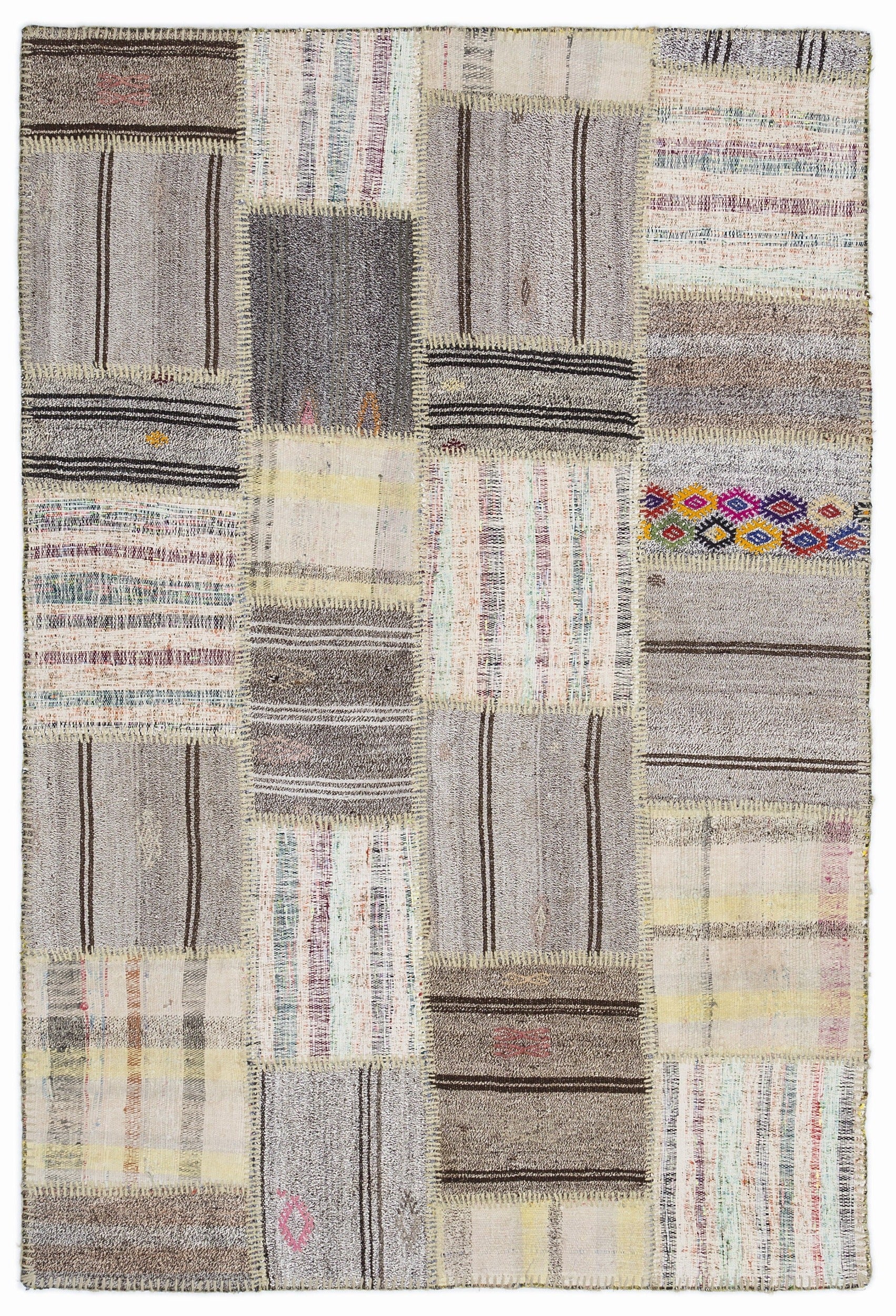 Teselya 1325 Beige Striped Wool Handmade Area Rug 5'3" x 7'7"
