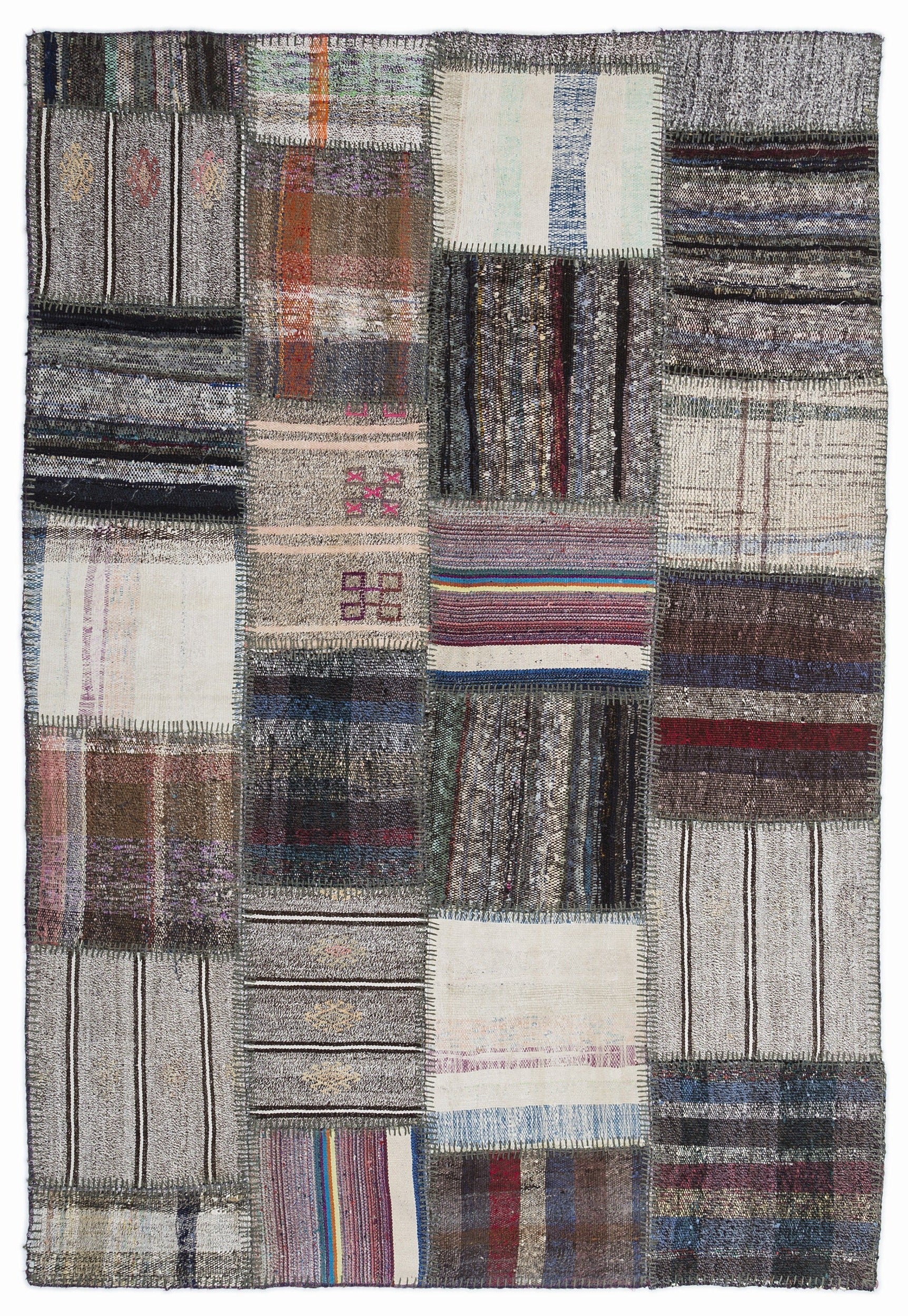 Teselya 1329 Grey Striped Wool Handmade Area Rug 5'3" x 7'7"