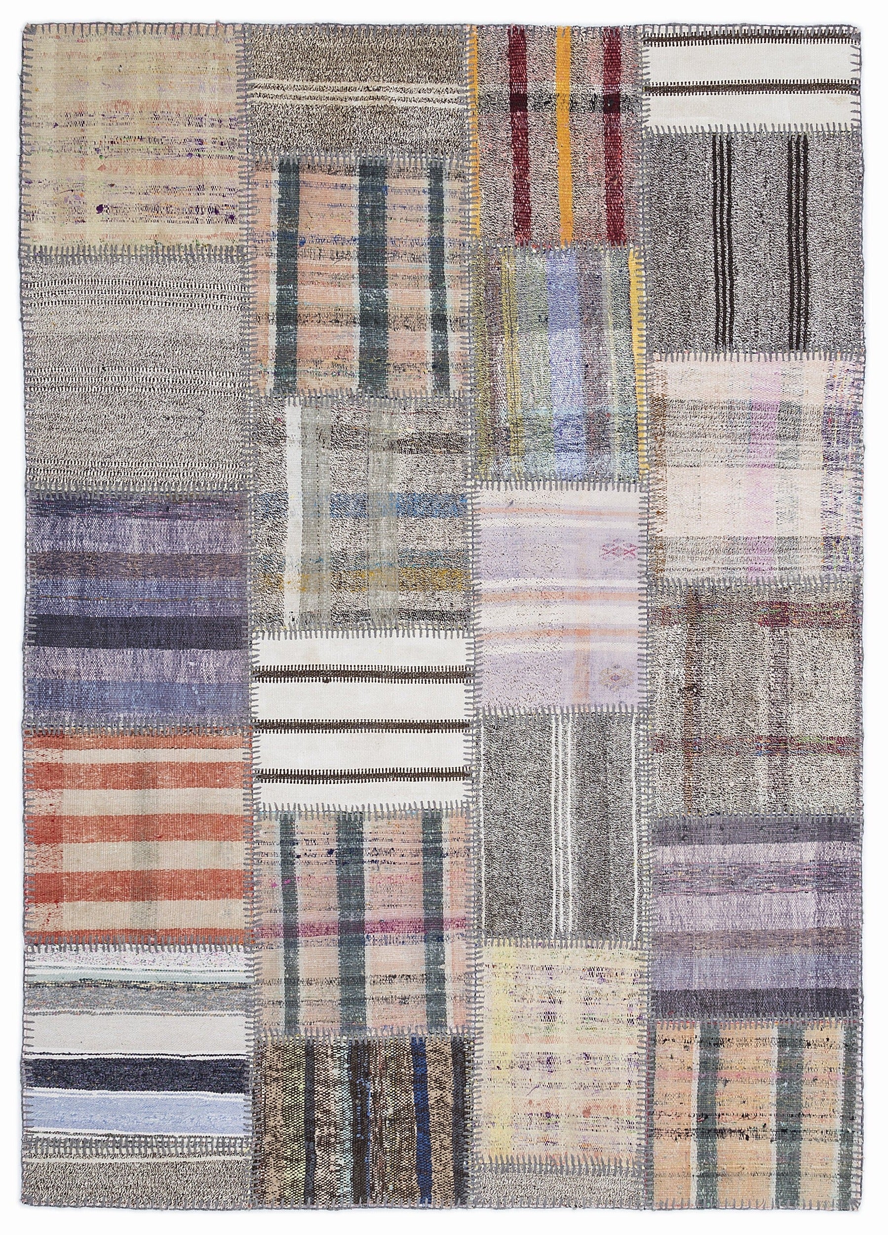 Teselya 1337 Beige Striped Wool Handmade Area Rug 5'3" x 7'7"