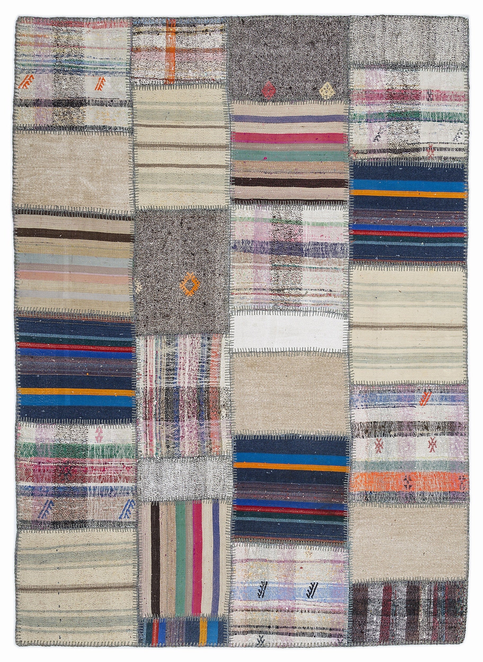 Teselya 1346 Beige Striped Wool Handmade Area Rug 5'3" x 7'7"