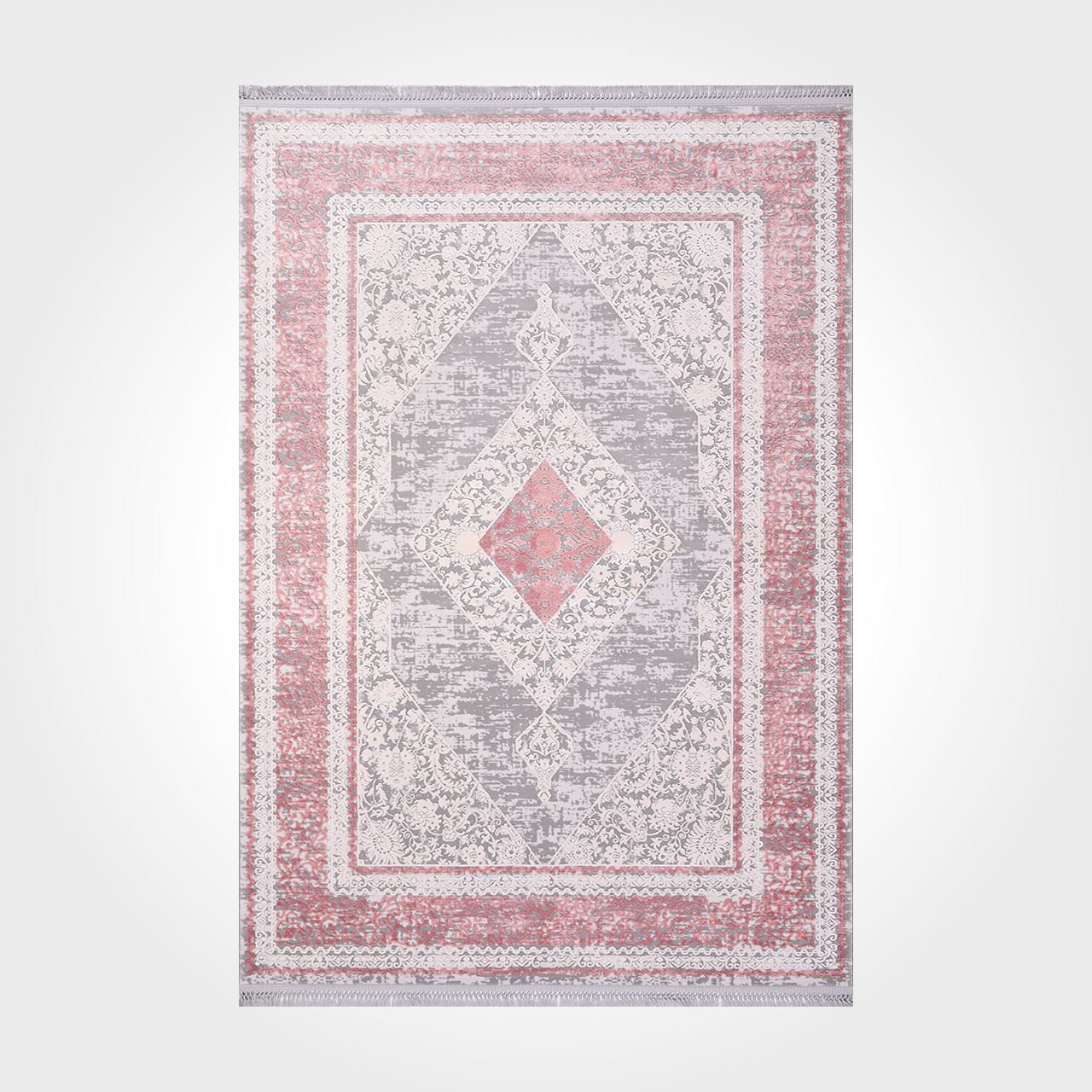 Bamboo Area Rug - Machine Made Pink Grey Rug With Overlocked Edge, Flatweave