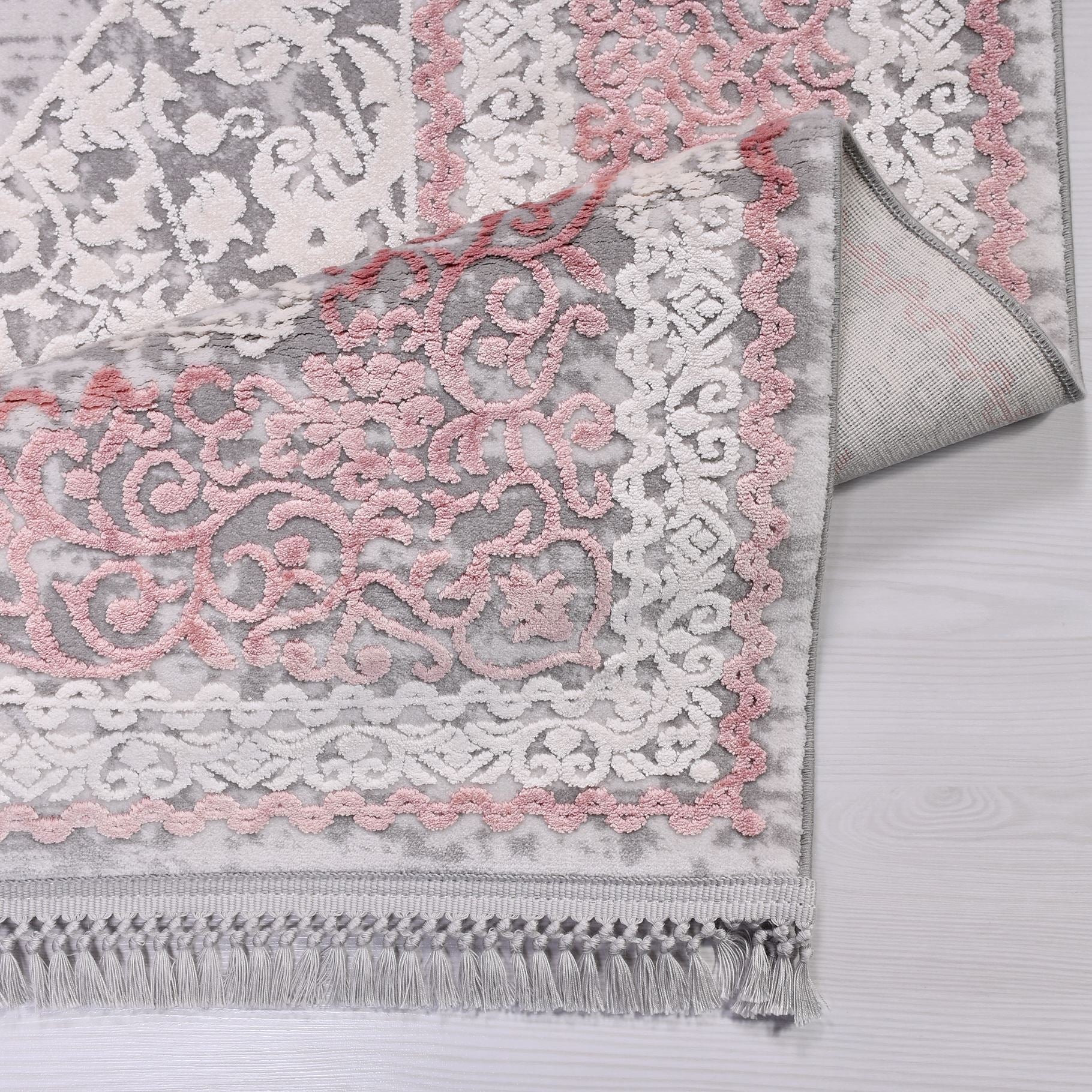 Bamboo Area Rug - Machine Made Pink Grey Rug With Overlocked Edge, Flatweave