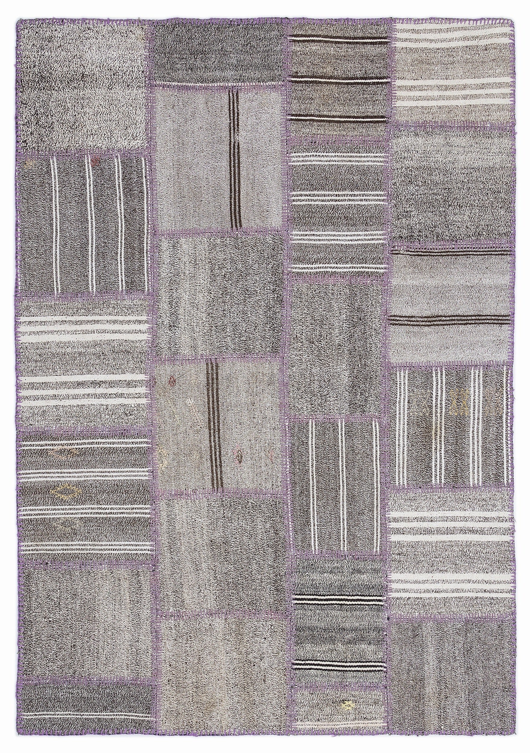 Teselya 1352 Grey Striped Wool Handmade Area Rug 5'3" x 7'7"