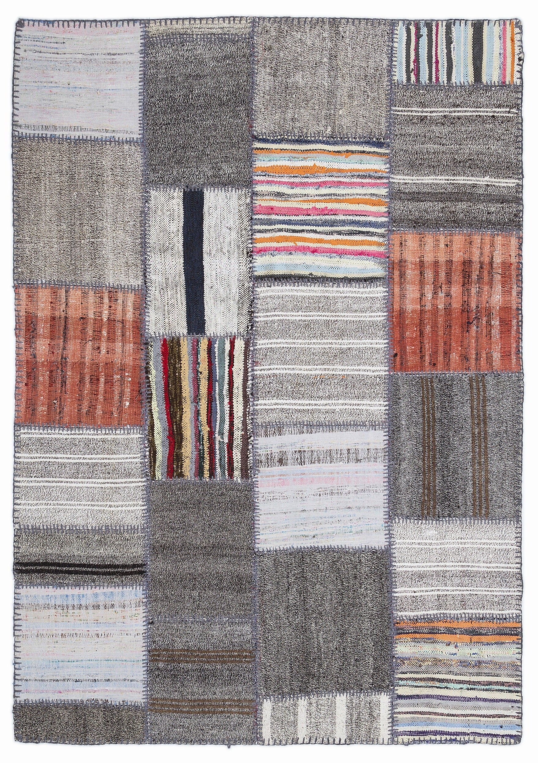 Teselya 1354 Grey Patchwork Wool Handmade Area Rug 5'3" x 7'7"