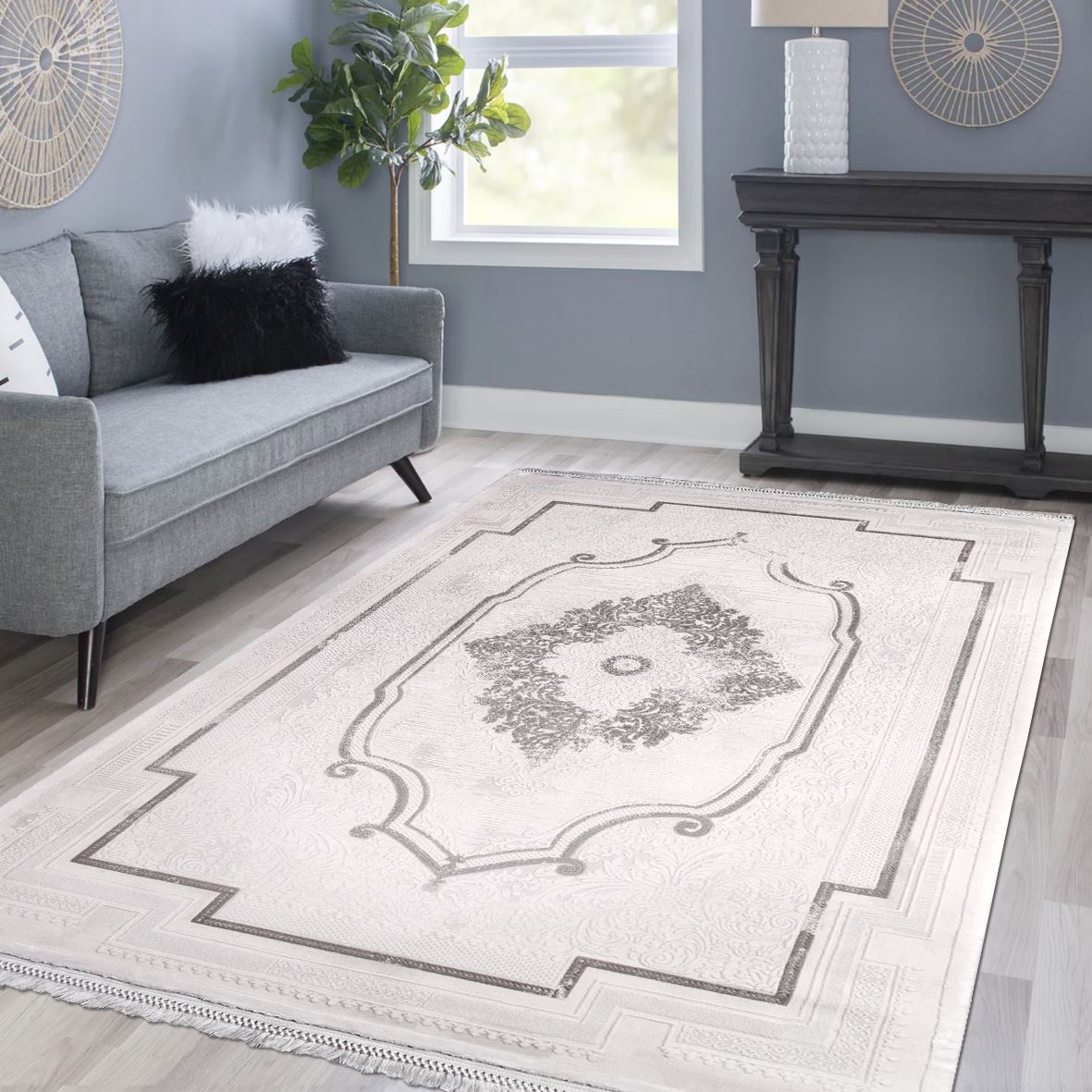 Classic Area Rug – White Machine Made Rug with Bamboo Acrylic & Cotton Weft Carpet