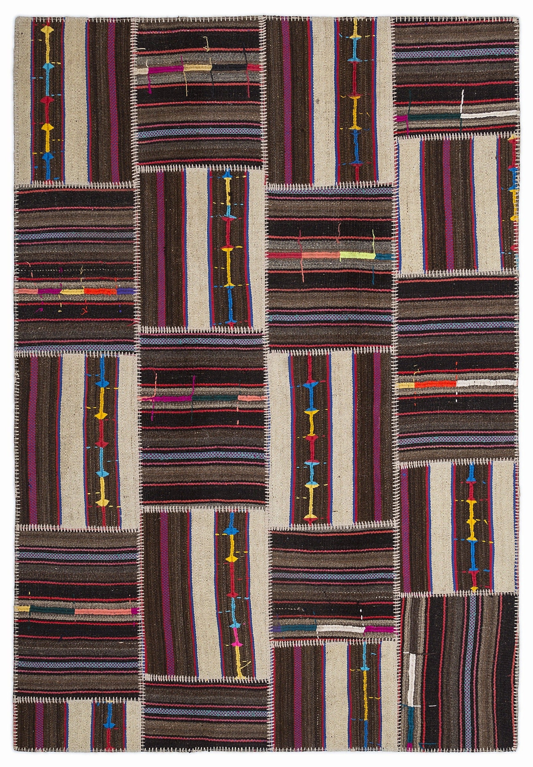 Teselya 1363 Beige Striped Wool Handmade Area Rug 5'3" x 7'7"