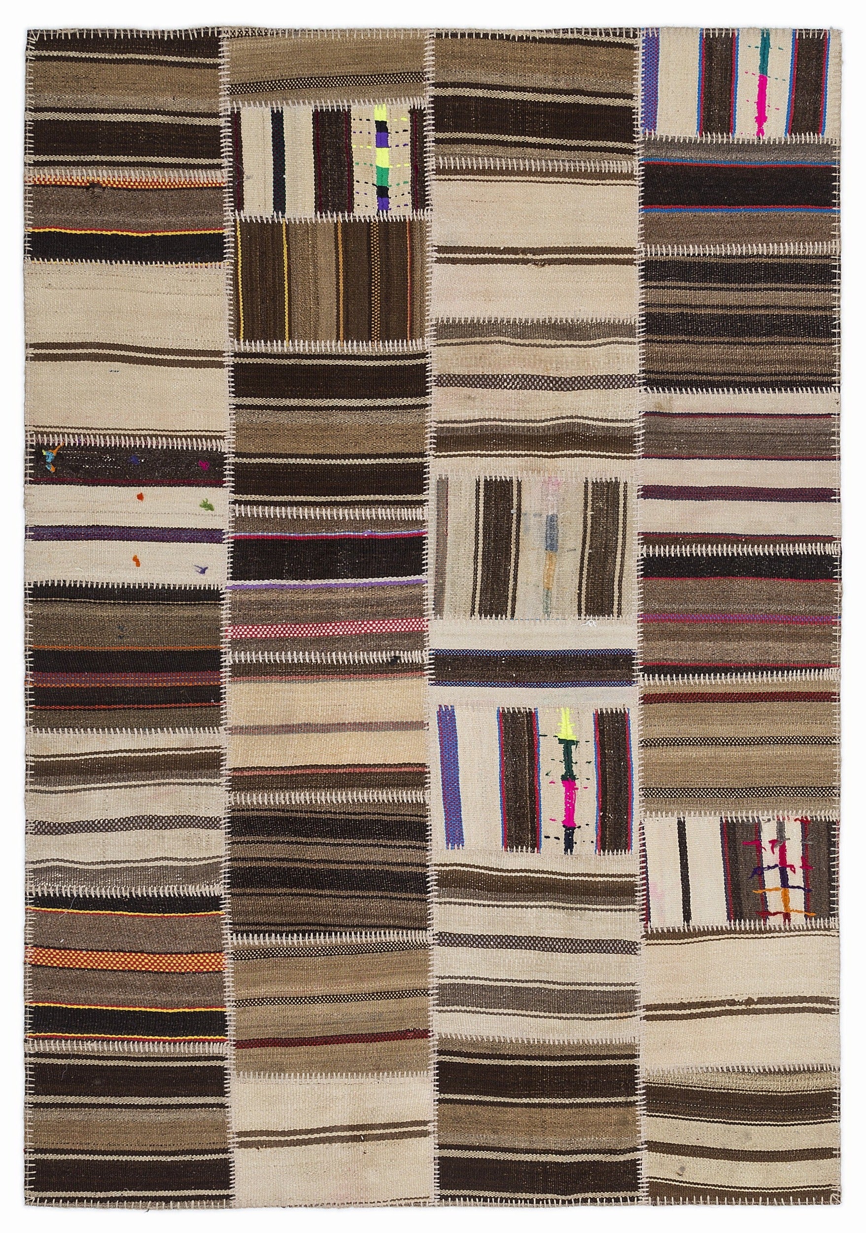 Teselya 1364 Beige Striped Wool Handmade Area Rug 5'3" x 7'7"