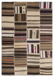 Teselya 1364 Beige Striped Wool Handmade Area Rug 5'3" x 7'7"
