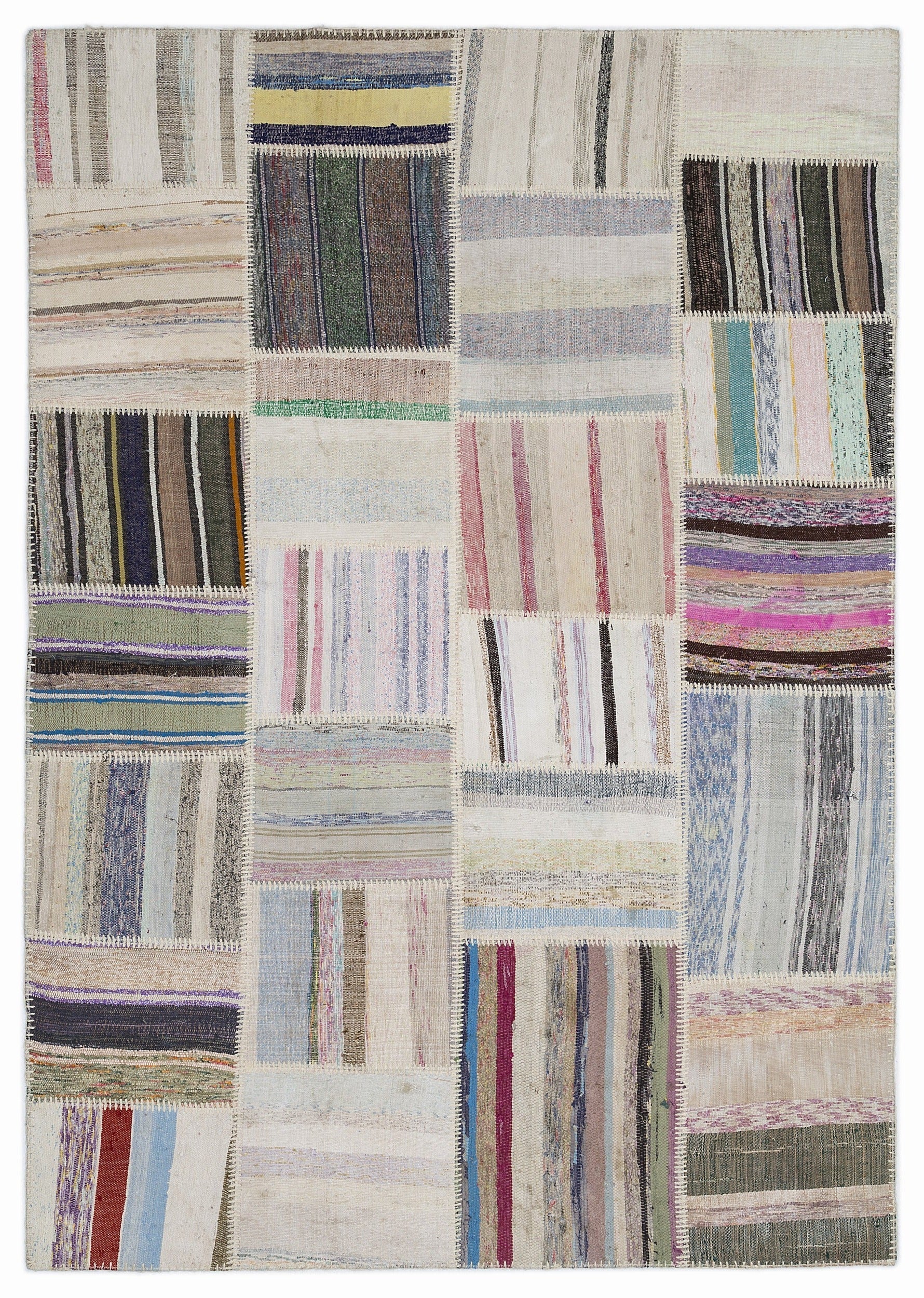 Teselya 1374 Beige Striped Wool Handmade Area Rug 5'3" x 7'7"