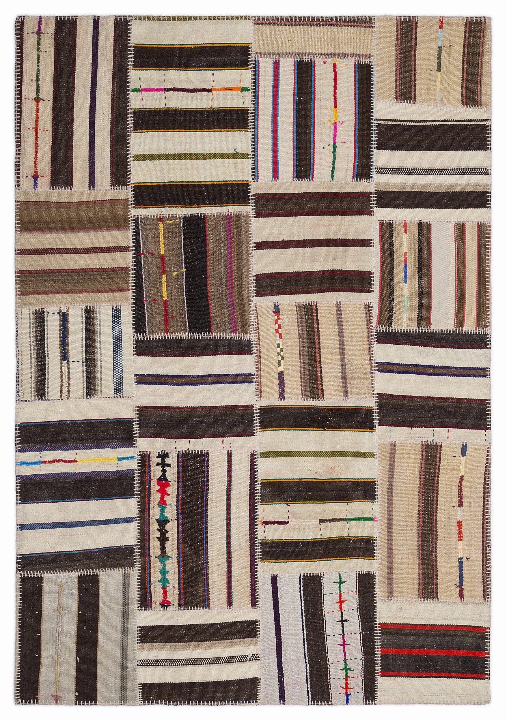 Teselya 1380 Beige Striped Wool Handmade Area Rug 5'3" x 7'7"