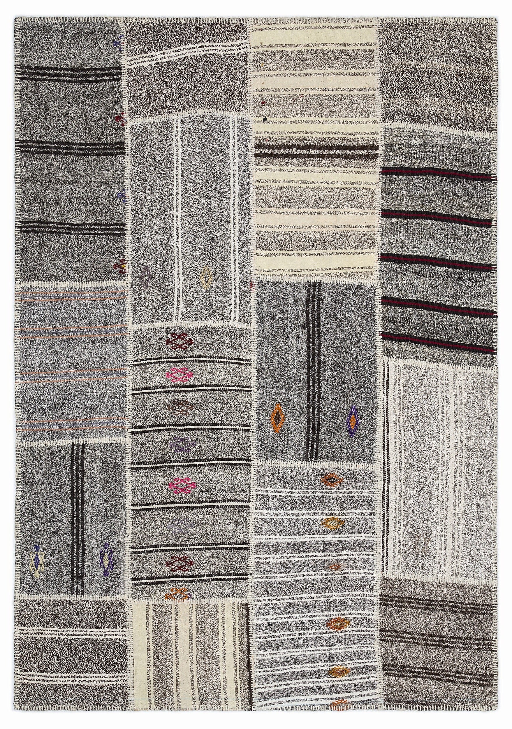 Teselya 1383 Beige Striped Wool Handmade Area Rug 5'3" x 7'7"