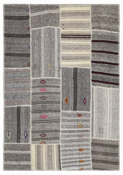 Teselya 1383 Beige Striped Wool Handmade Area Rug 5'3" x 7'7"