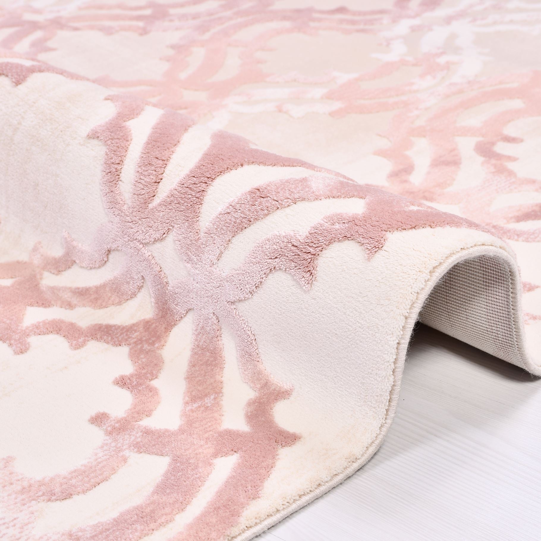 Bamboo Viscose Area Rug - Pink Geometric Machine Made Rug with Overlocked Edge