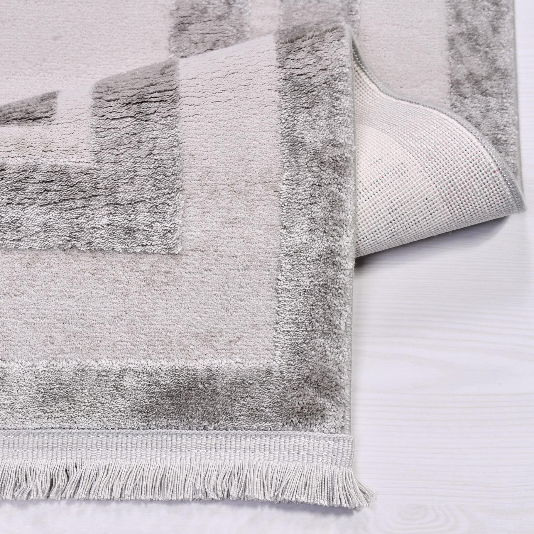 Bamboo Viscose Rug - Sutton Grey Frame Machine Made Area Floor Carpet With Overlocked Edge