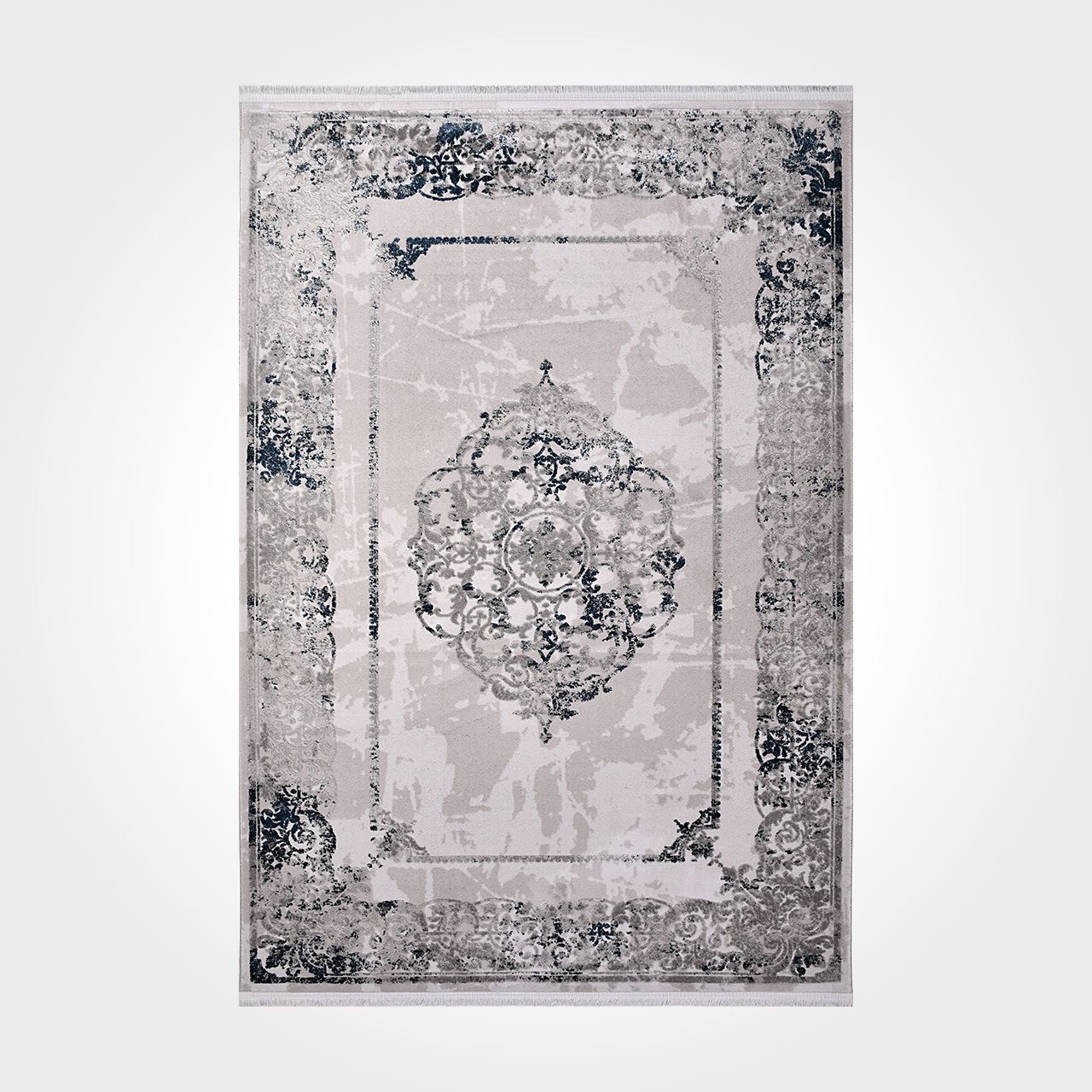 Bamboo Viscose Area Rug – Machine Made Rug with Blue Frame, 11 mm Pile Height
