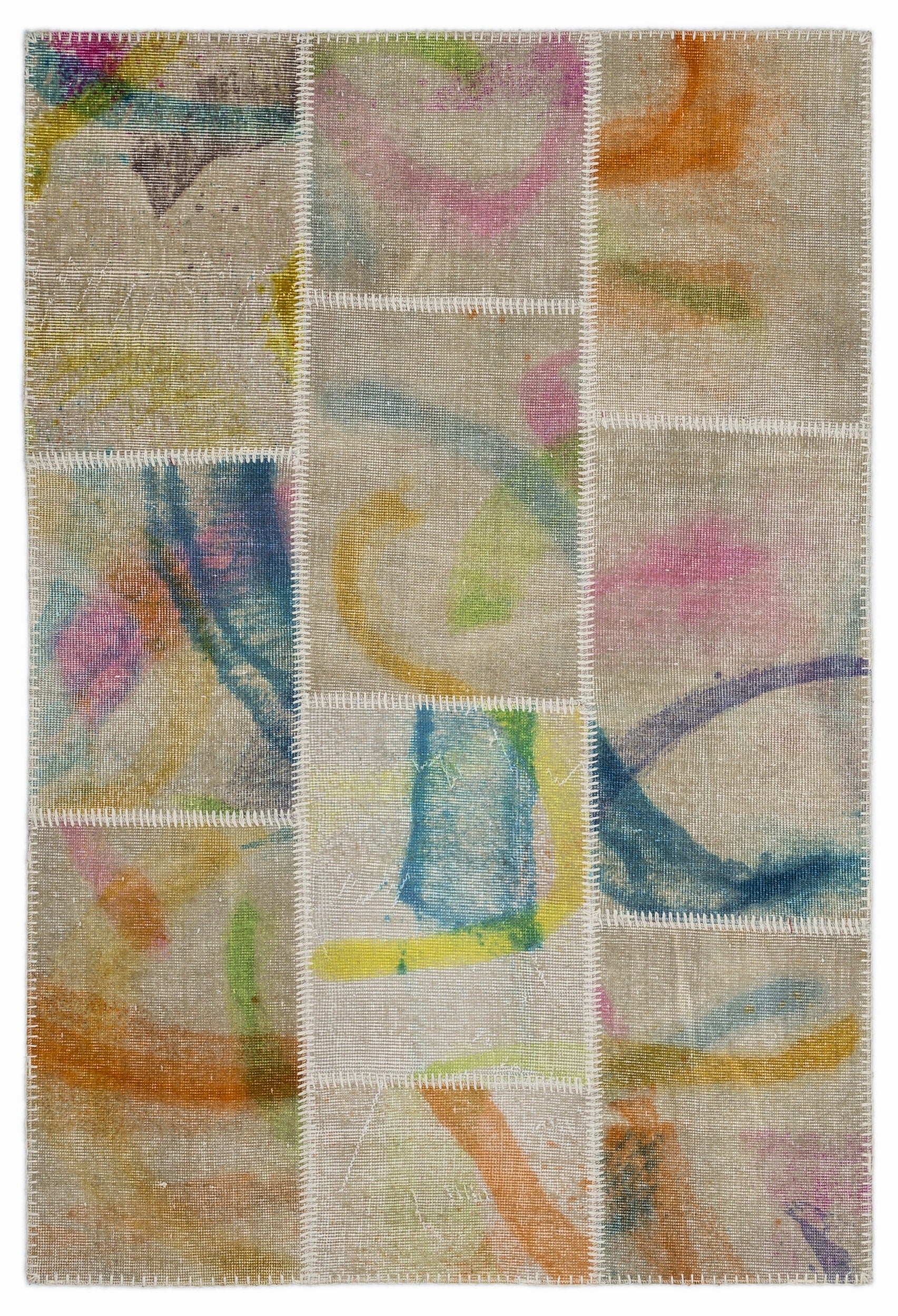 Iskece Cream Vintage Wool Handmade Area Rug 3'11" x 5'11"