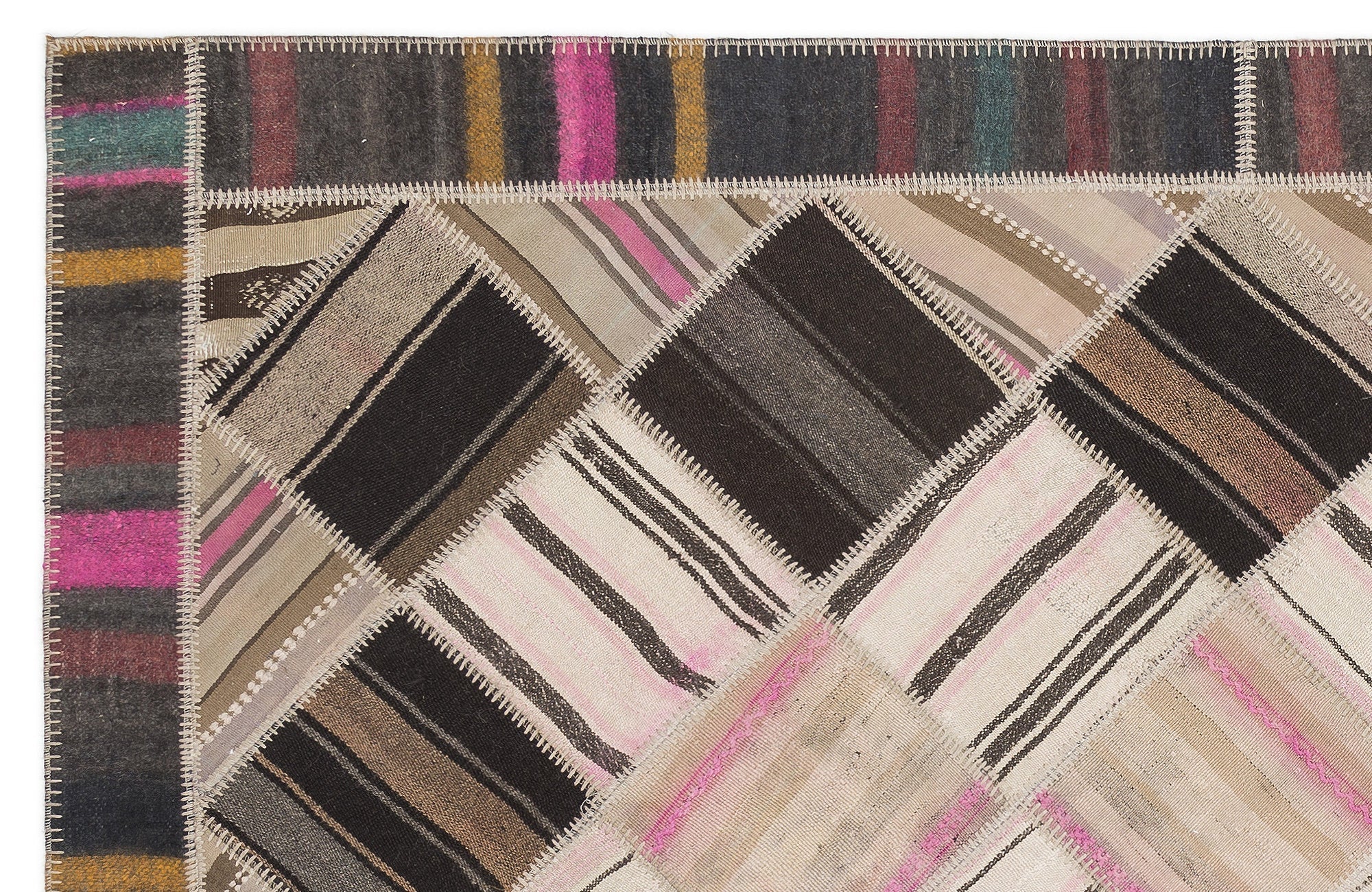 Teselya Beige Striped Wool Handmade Area Rug 5'3" x 8'11"