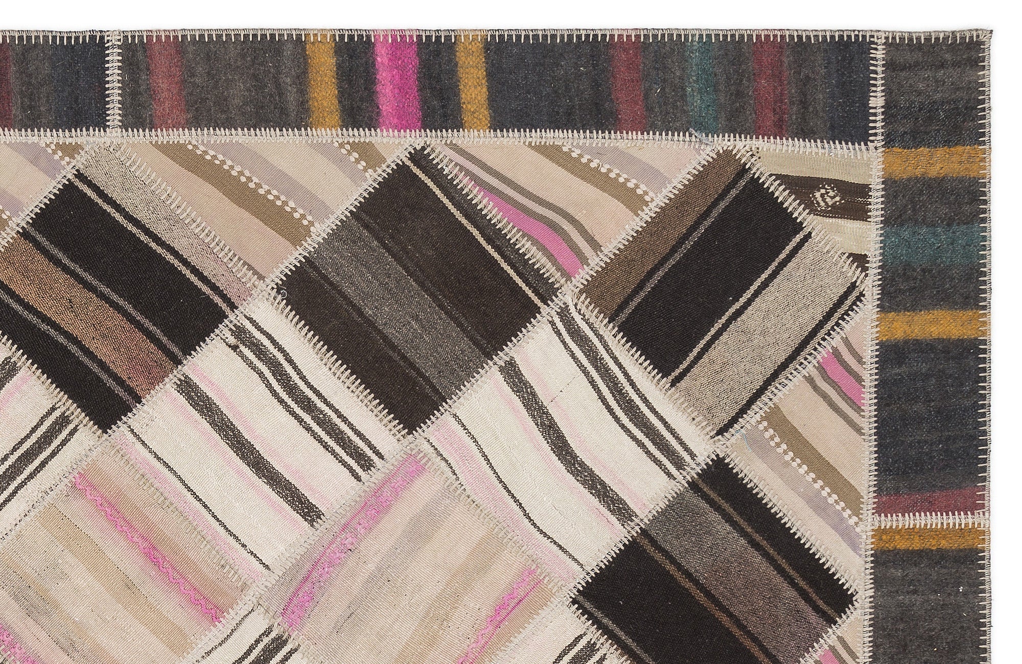 Teselya Beige Striped Wool Handmade Area Rug 5'3" x 8'11"