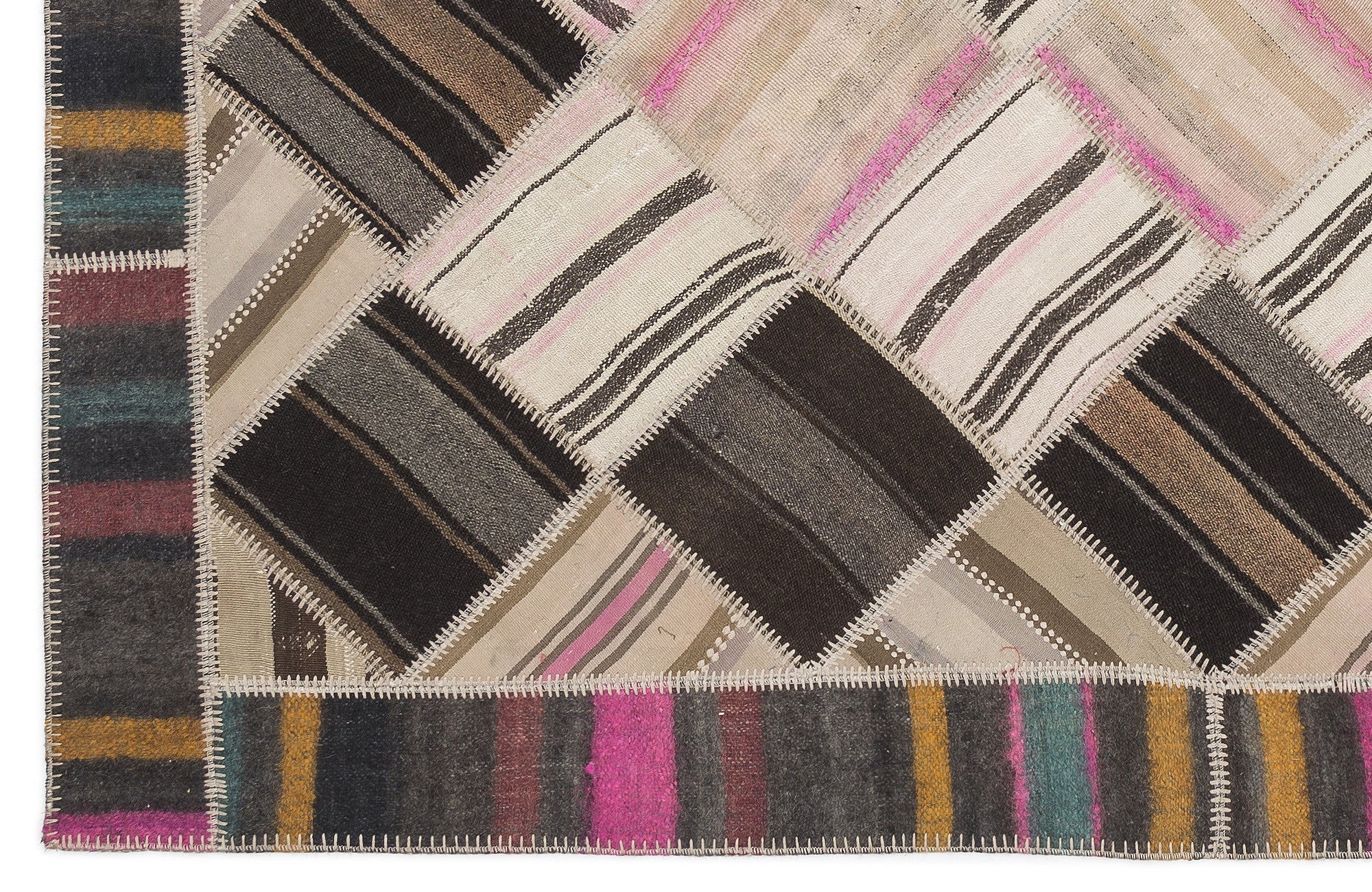 Teselya Beige Striped Wool Handmade Area Rug 5'3" x 8'11"