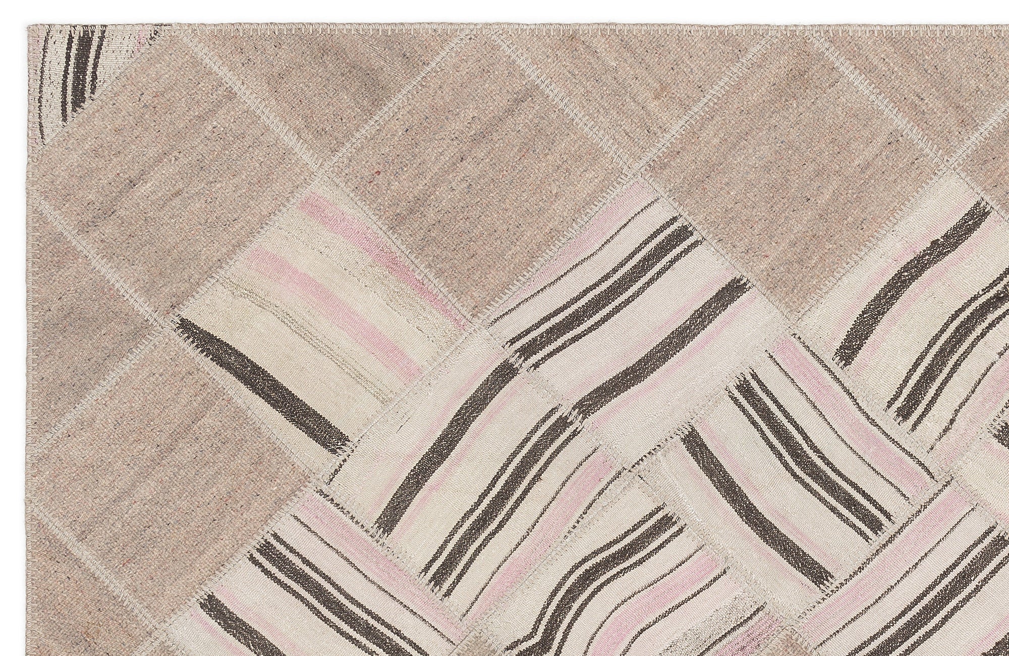 Teselya Beige Striped Wool Handmade Area Rug 4'4" x 7'3"