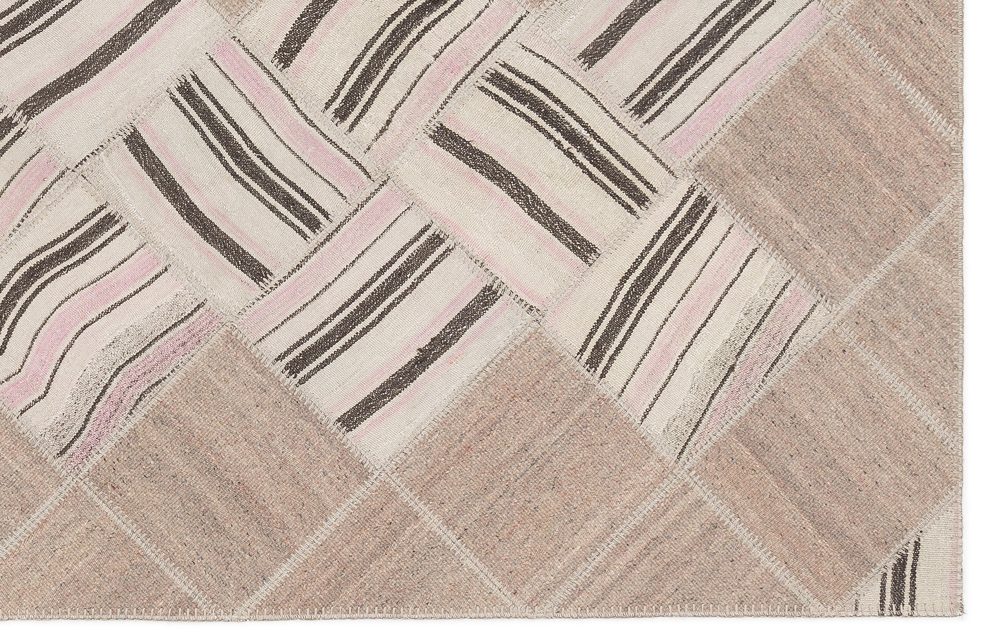 Teselya Beige Striped Wool Handmade Area Rug 4'4" x 7'3"