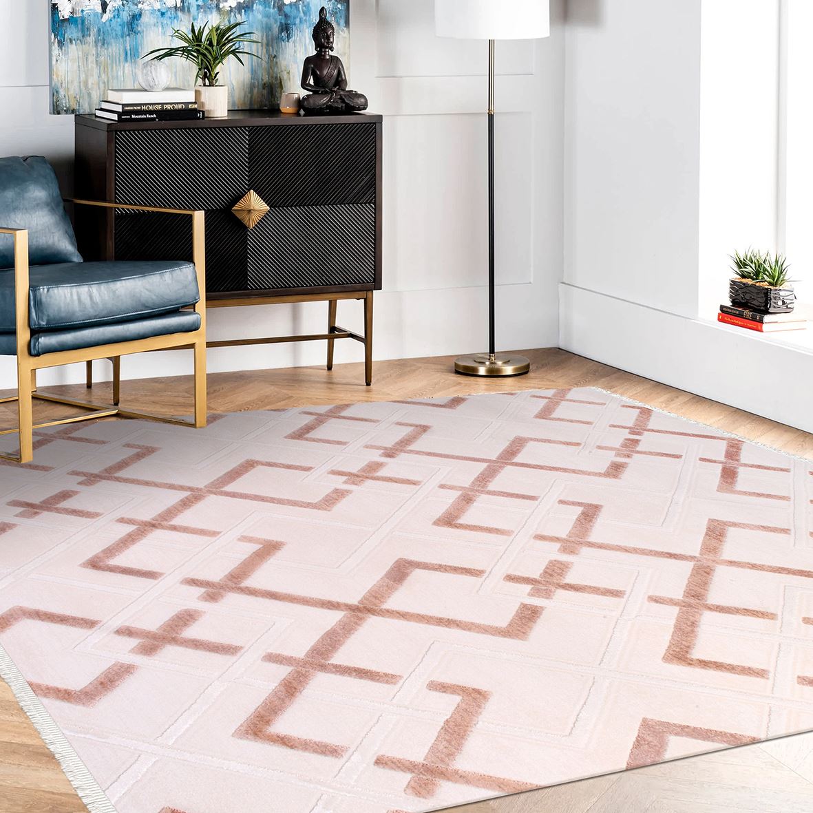 Yara Cream Pink Geometric Bamboo Viscose Machine Made Area Rug