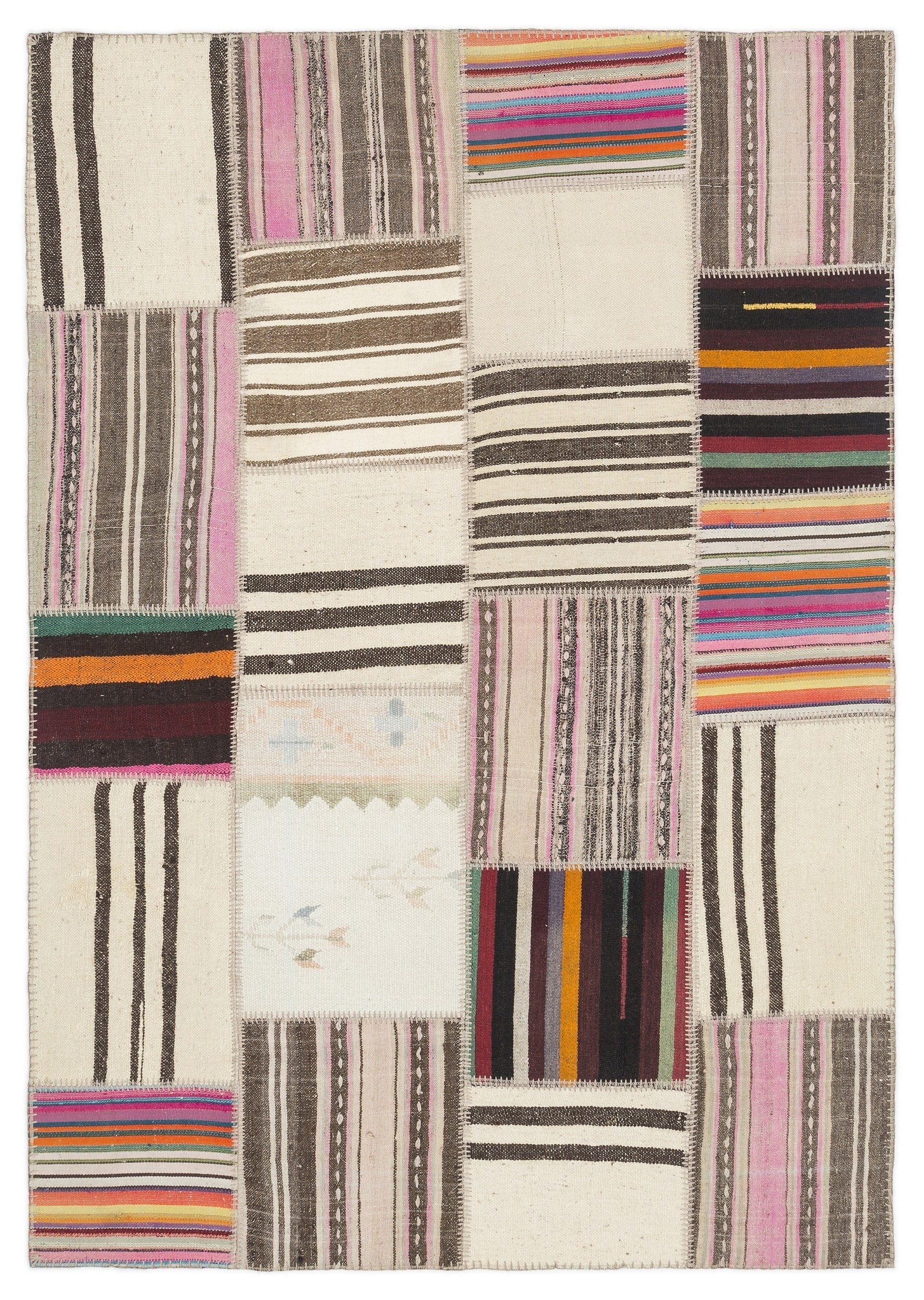 Teselya 1490 Beige Striped Wool Handmade Area Rug 5'3" x 7'7"