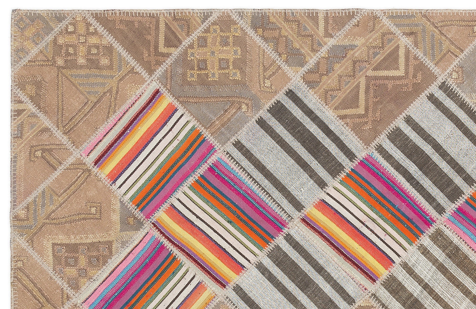 Teselya Beige Striped Wool Handmade Area Rug 4'4" x 7'3"