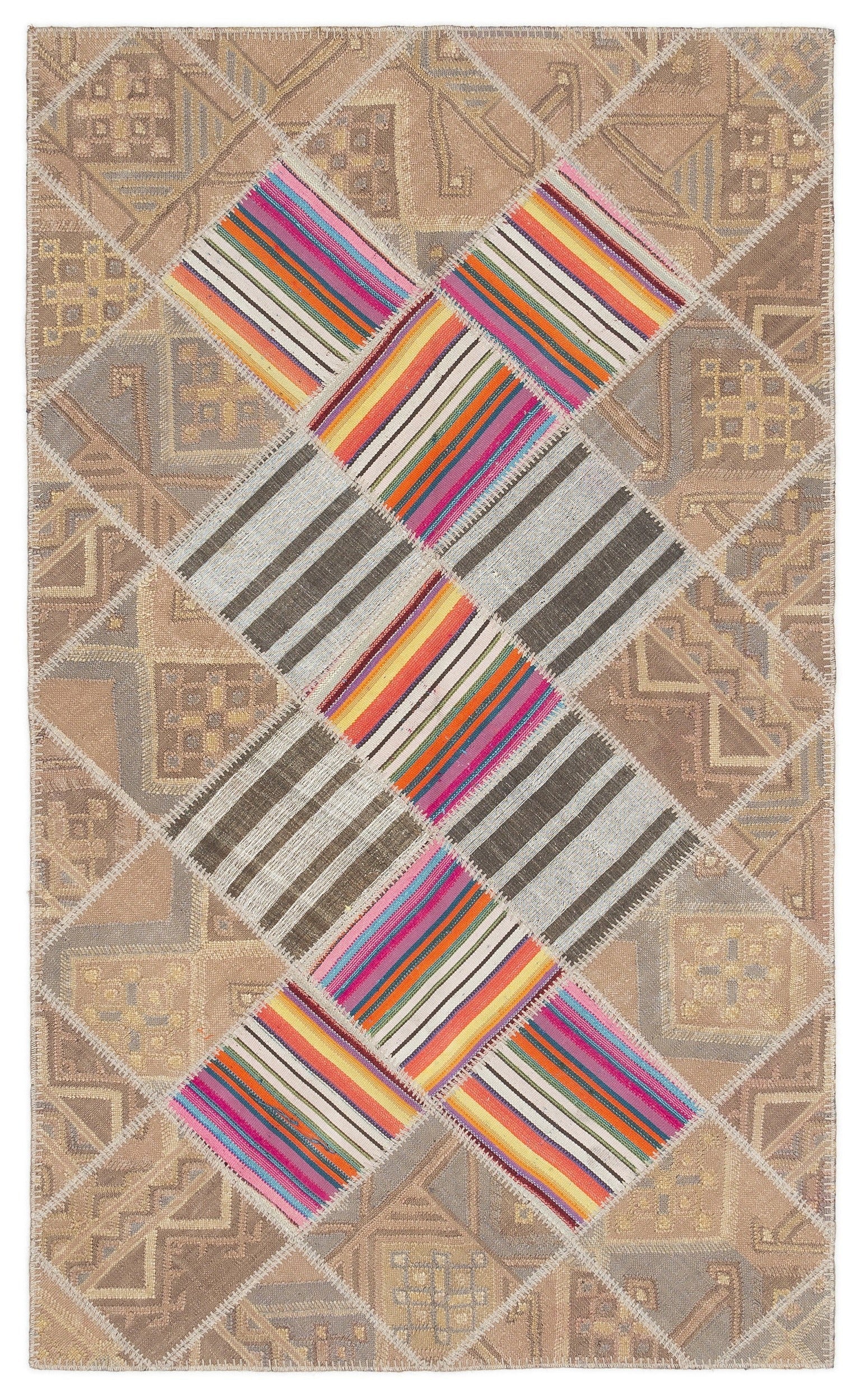 Teselya Beige Striped Wool Handmade Area Rug 4'4" x 7'3"