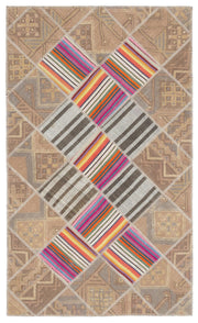 Teselya Beige Striped Wool Handmade Area Rug 4'4" x 7'3"