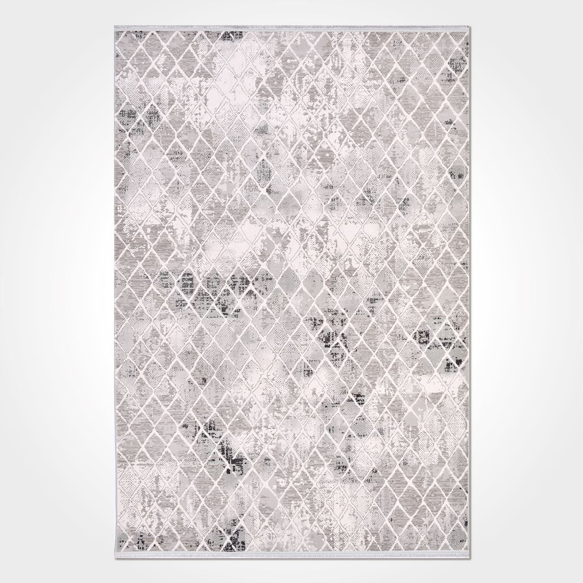 Grey Geometric Area Rug – Machine Made Acrylic Yarn Carpet 10 mm Pile Durable Washable