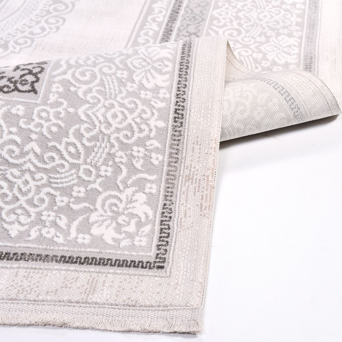 Classic Area Rug – Machine Made Grey & Beige Polyester Rug with Laser Cut Edge