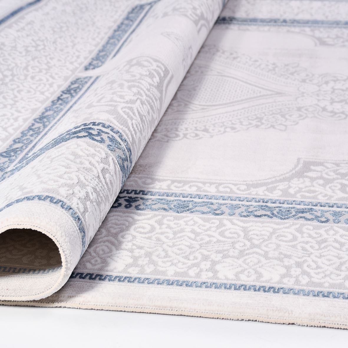 Classic Area Rug – Machine Made Grey Blue Rug with Laser Cut Edge