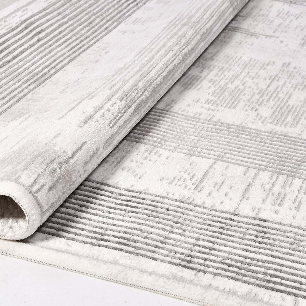 Grey Striped Area Rug - Machine Made Rug with 600000 Stitches | Durable Polyester Carpet