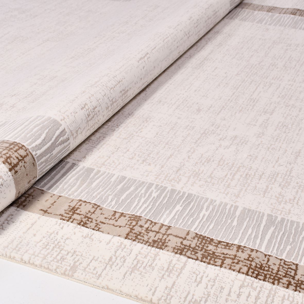 Machine Made Area Rug – Cream Brown Frame Rug with Laser Cut Edges