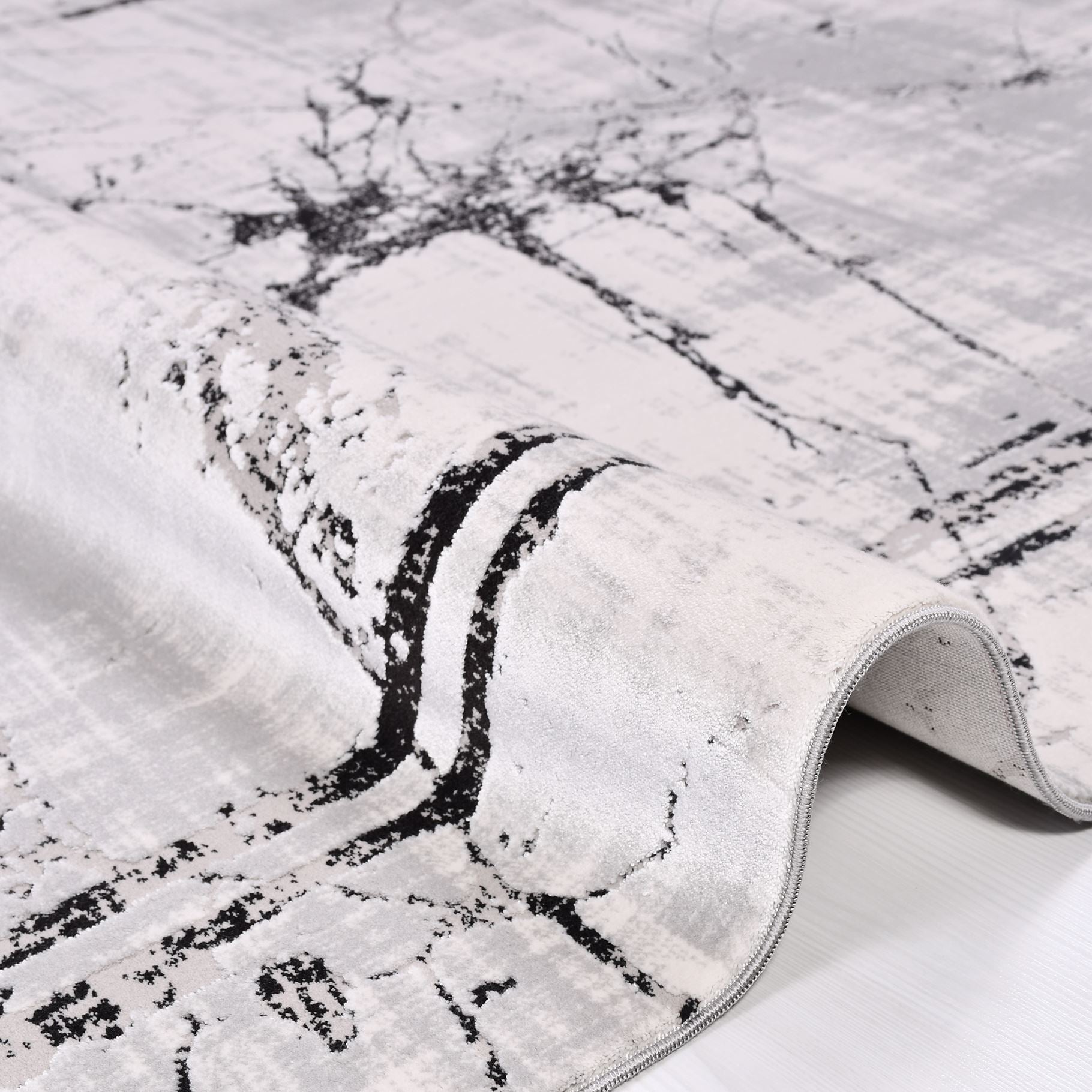 Grey Marble Area Rug - Machine Made Rug With Acrylic Yarn & Overlocked Edge