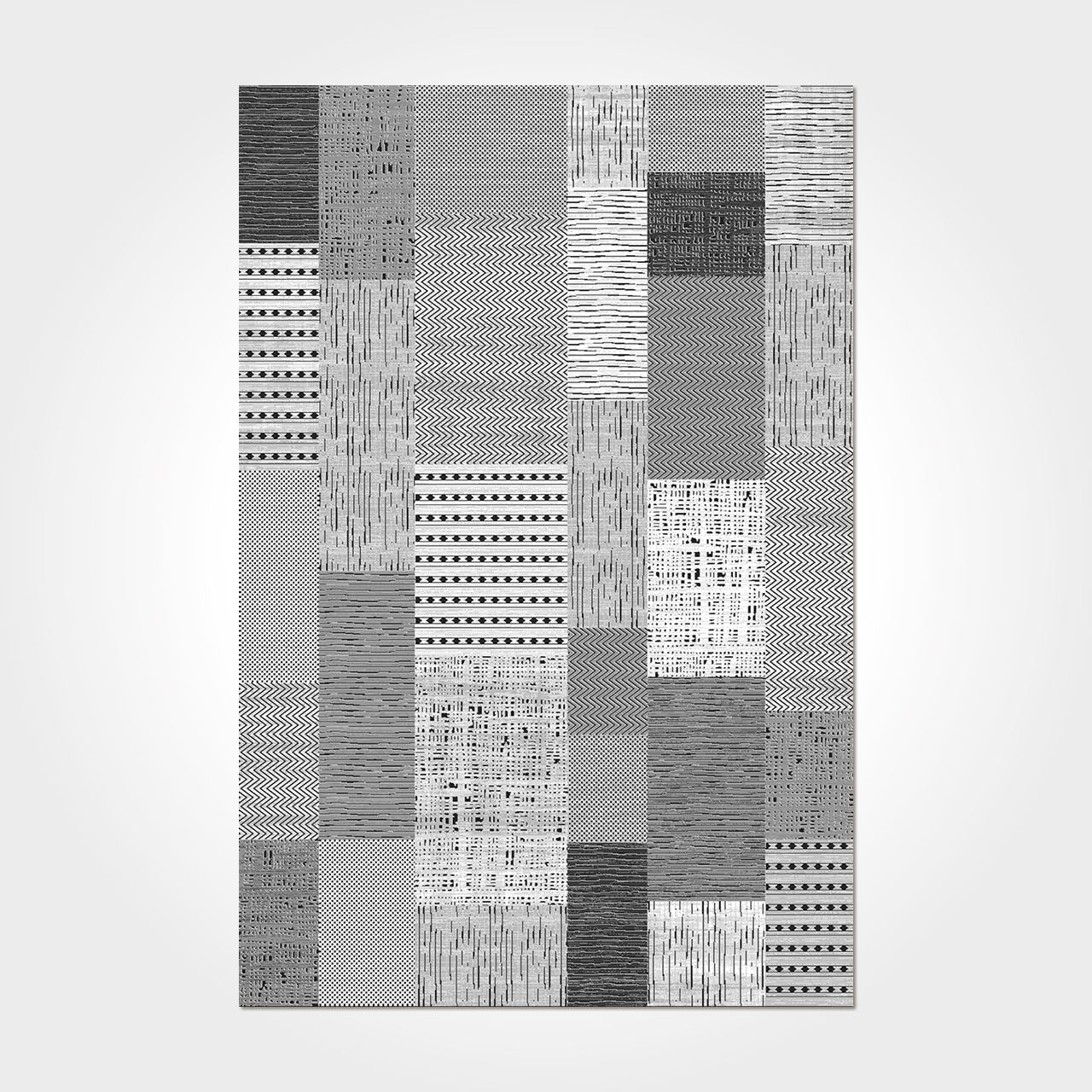 Grey Patchwork Area Rug – Machine Made Flatweave Carpet with Acrylic Yarn