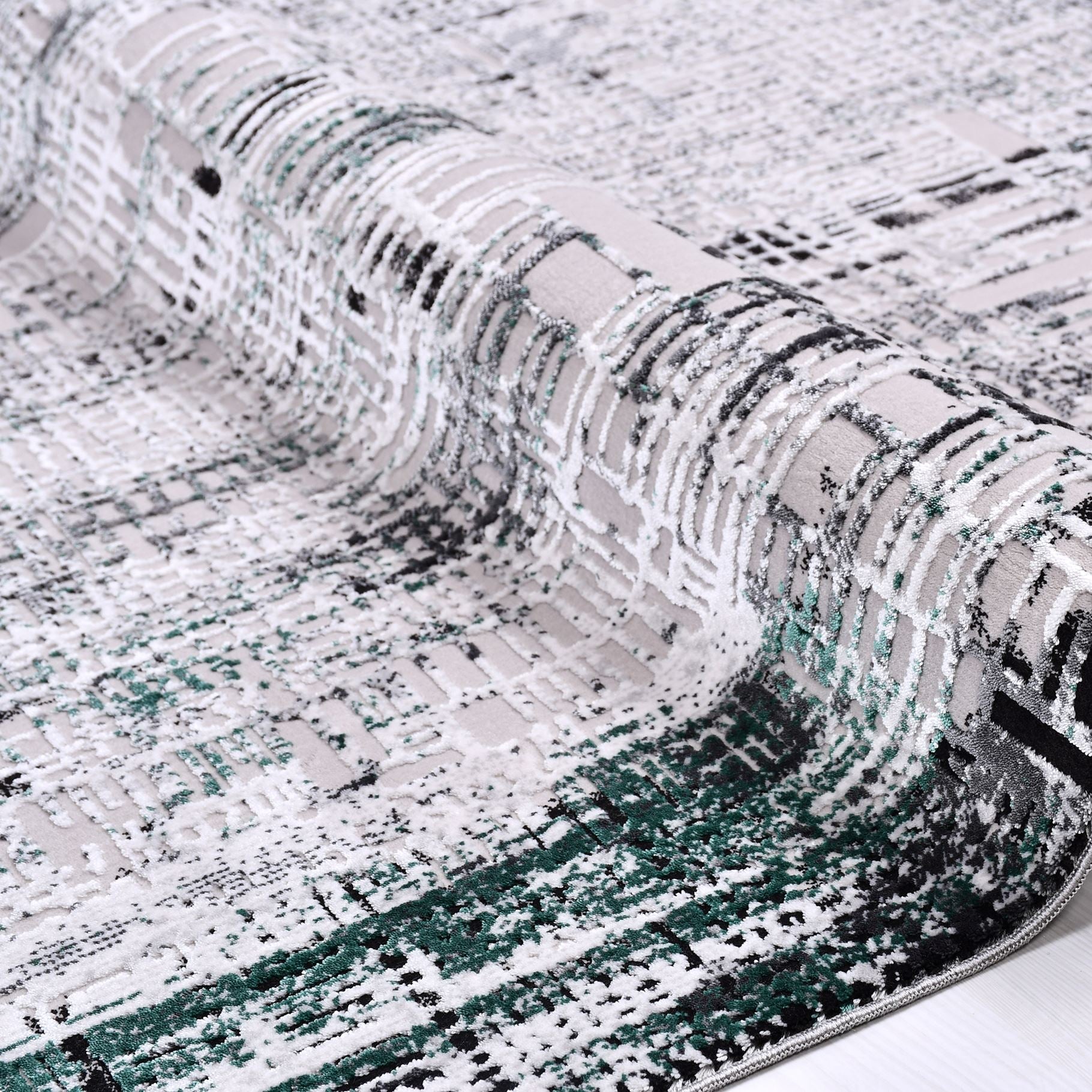 Modern Area Rug – Machine Made Flatweave Grey Black Rug with Green Accents