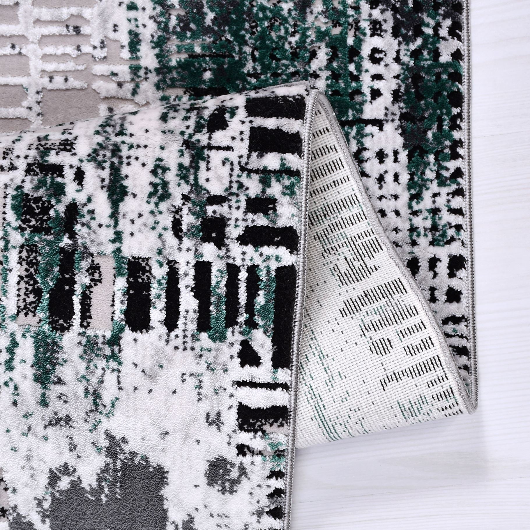Modern Area Rug – Machine Made Flatweave Grey Black Rug with Green Accents